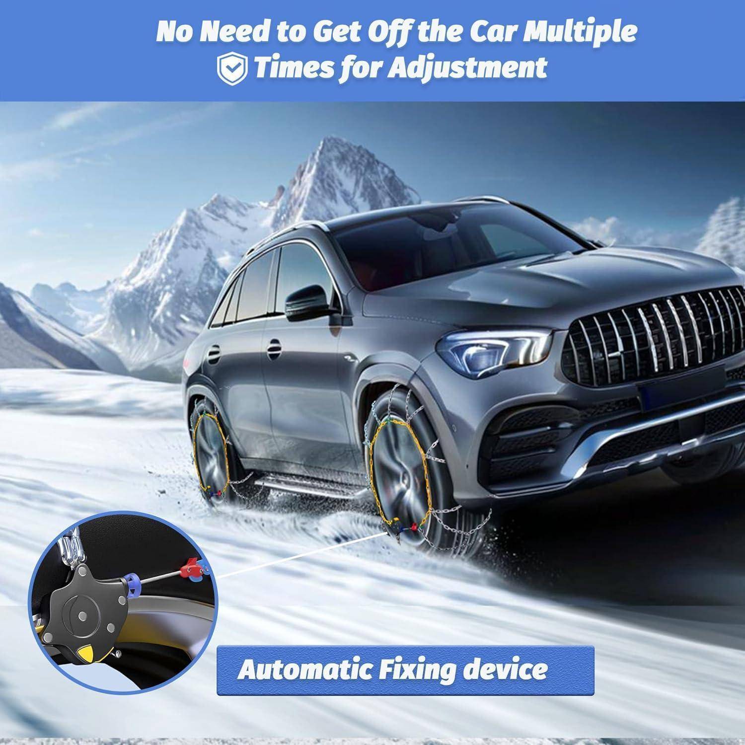Werbebild eines SUV, das im Schnee mit Schneeketten fährt; Text besagt „Kein mehrmaliges Aussteigen aus dem Auto zur Anpassung erforderlich