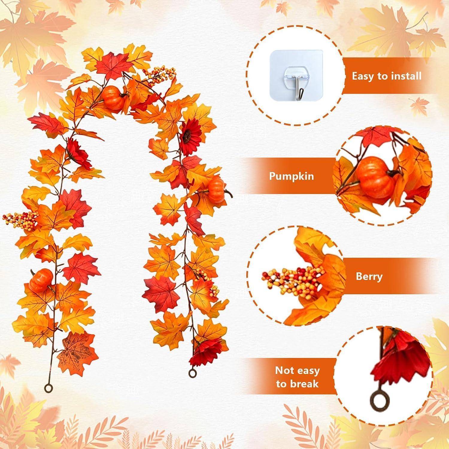 Herbstlaub-Girlande mit Kürbissen und Beeren, dargestellt als einfach zu installieren und nicht leicht zu brechen, mit vergrößerten Detailausschnitten der Dekorationen.