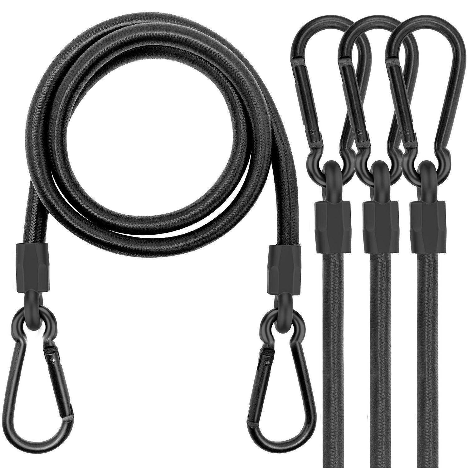 Drei schwarze geflochtene Seile mit Karabinerhaken, gebündelt und in einem produktorientierten Bild auf weißem Hintergrund dargestellt.