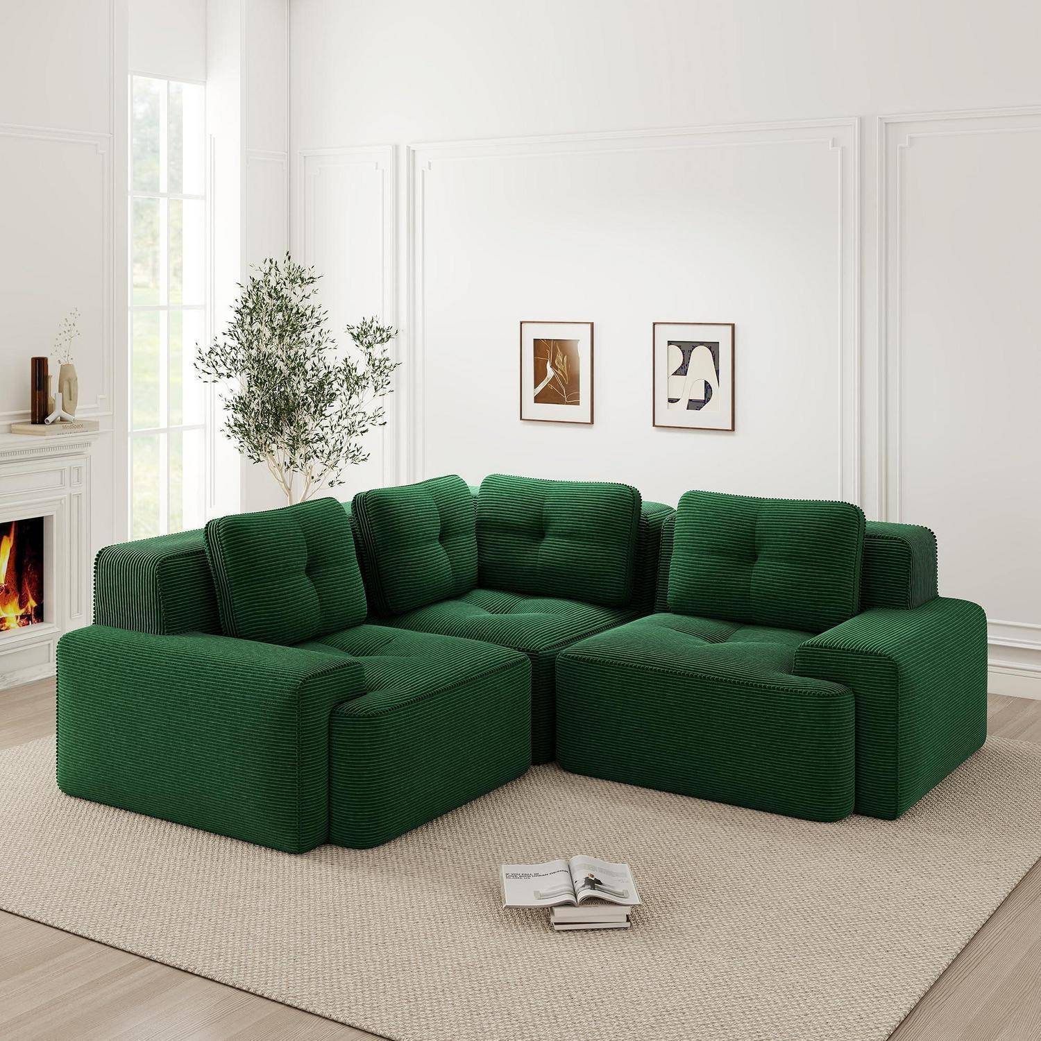 Sofa Modulares Ecksofa mit Ottoman – Kein Aufbau Nötig, Tiefe Sitzfläche, Bequemes Cord-Sofa für Wohnzimmer, Apartment, Büro Grün 2C+1O
