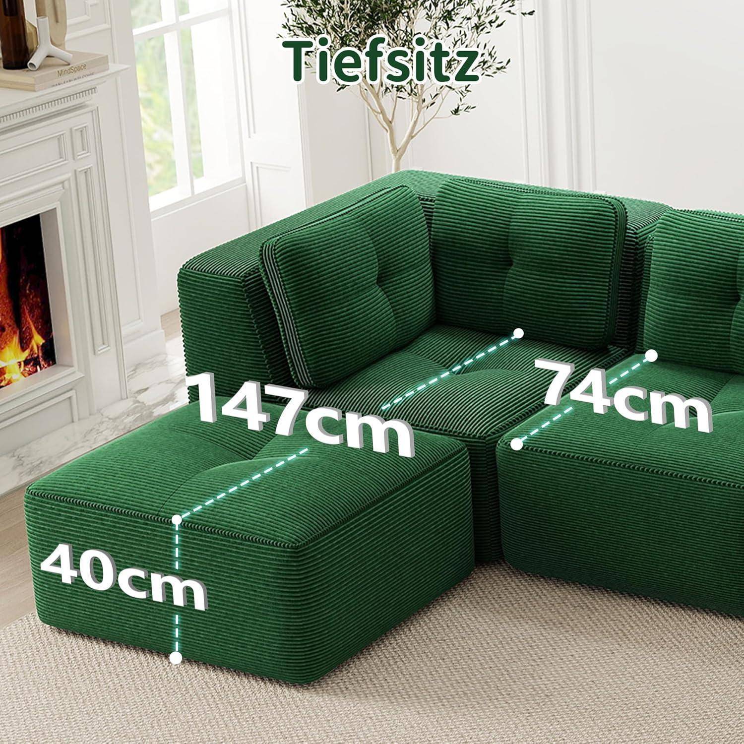 Sofa Modulares Ecksofa mit Ottoman – Kein Aufbau Nötig, Tiefe Sitzfläche, Bequemes Cord-Sofa für Wohnzimmer, Apartment, Büro Grün 2C+1O