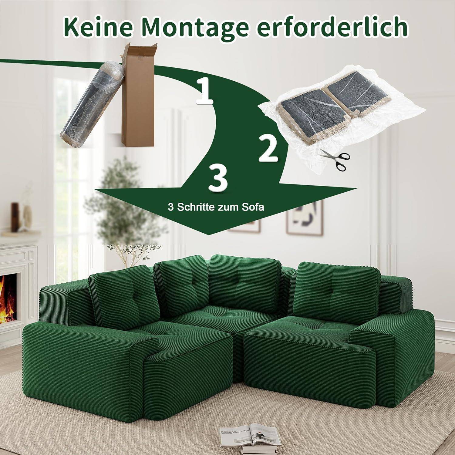 Sofa Modulares Ecksofa mit Ottoman – Kein Aufbau Nötig, Tiefe Sitzfläche, Bequemes Cord-Sofa für Wohnzimmer, Apartment, Büro Grün 2C+1O