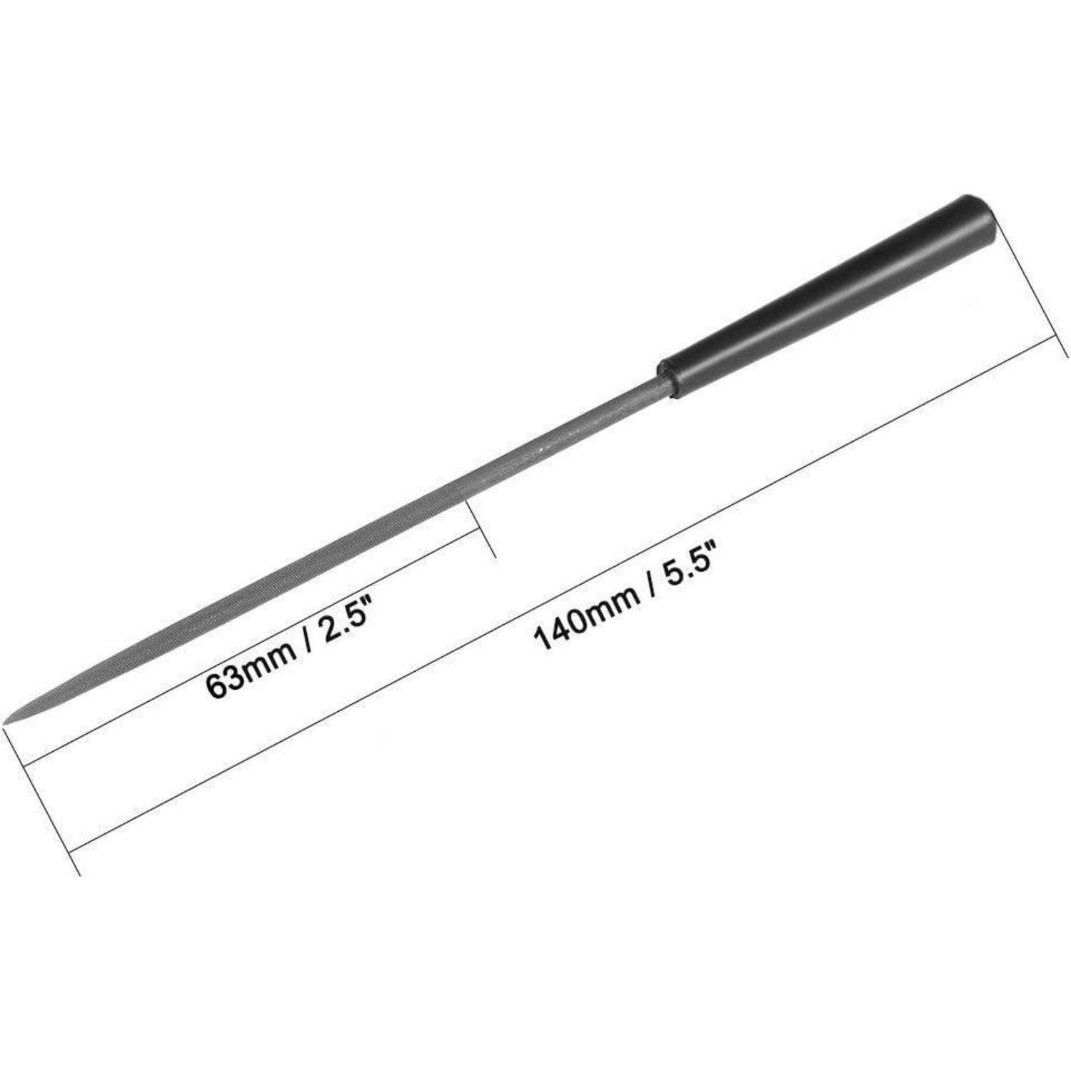Lange Metallfeil mit schwarzem Griff, gekennzeichnet mit 140 mm (5,5 Zoll) Gesamtlänge und 63 mm (2,5 Zoll) Blattlänge.