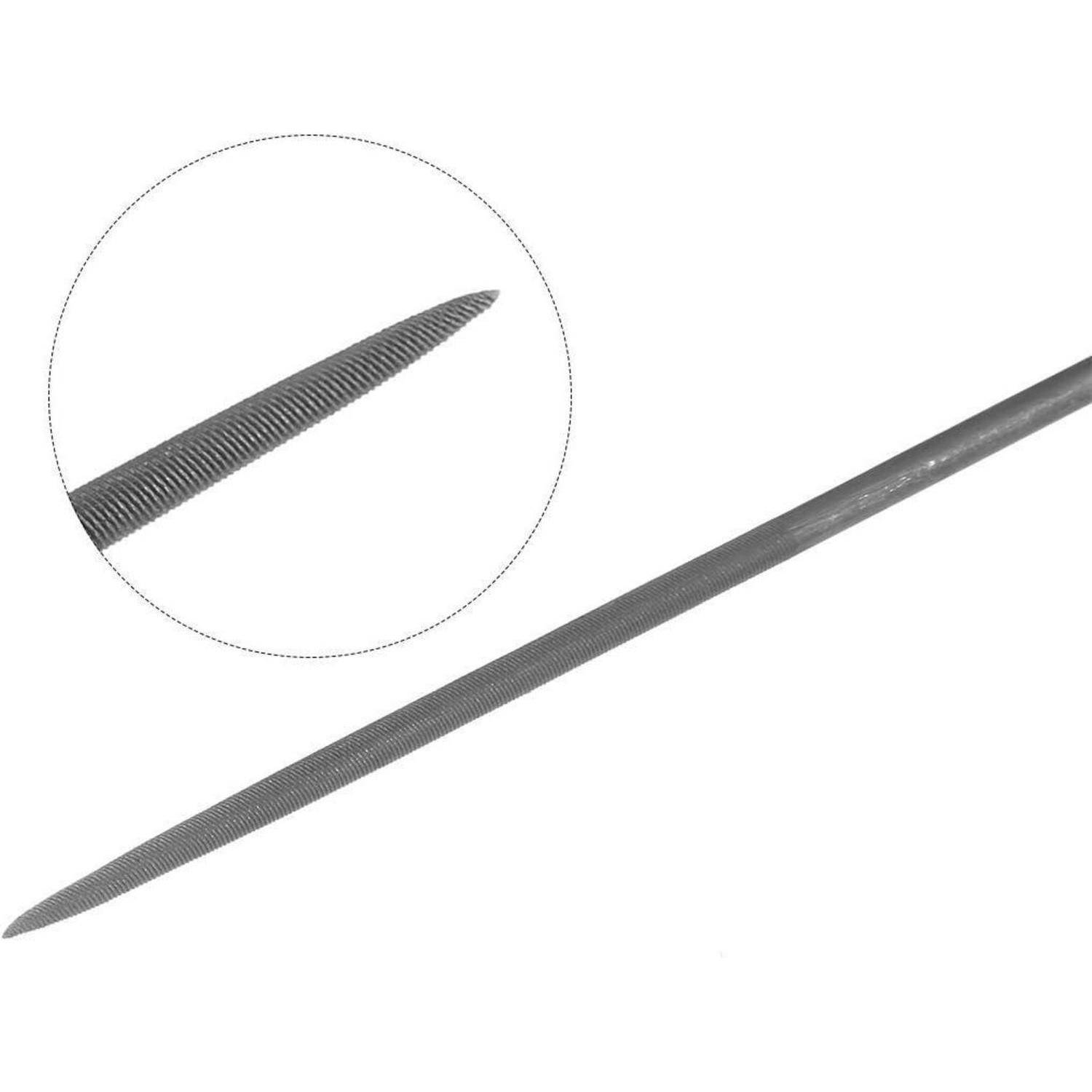 Nahaufnahme einer langen, spitzen Metallfeilel mit einer strukturierten Rillenberfläche, diagonal auf weißem Hintergrund dargestellt mit einer kreisförmigen Zoomansicht der Spitze.
