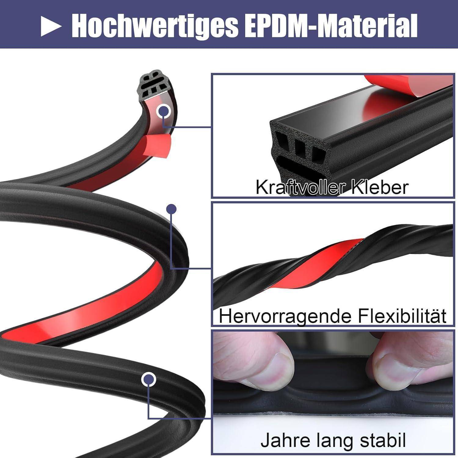 Infografik eines schwarzen EPDM-Dichtungsbands mit roter Klebeschicht, das starke Klebrigkeit, hervorragende Flexibilität und Langzeitstabilität hervorhebt; Titel auf Deutsch: „Hochwertiges EPDM-Material