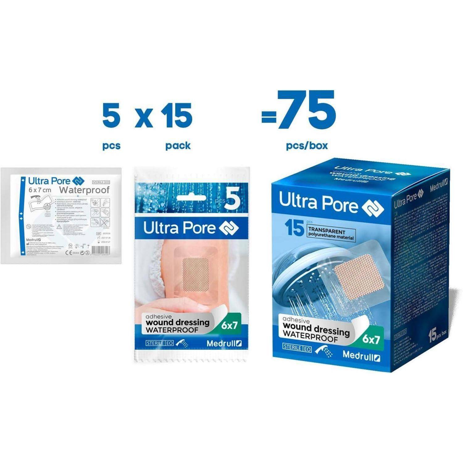 Medrull 100% Wasserfestes Wundpflaster ULTRA PORE 6x7 cm 75 Stück Wasserfestes Pflaster - Steril, Transparent, Ideal zum Duschen, Sport, Baden 6x7