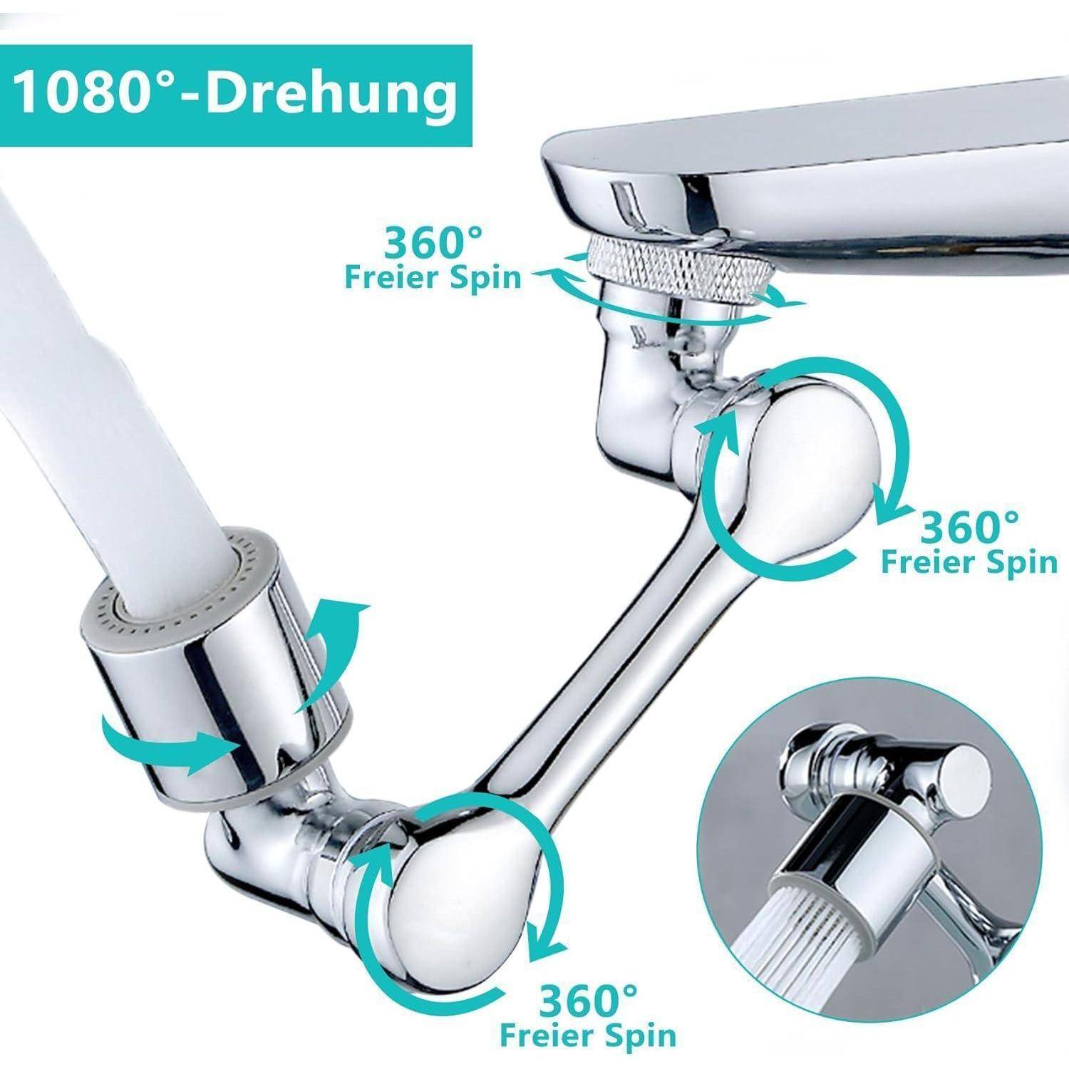 Diagramm eines Chromhahns/Sprayers mit 1080°-Drehung und mehreren 360°-Freidrehverbindungen mit Pfeilen, die die Bewegung anzeigen.