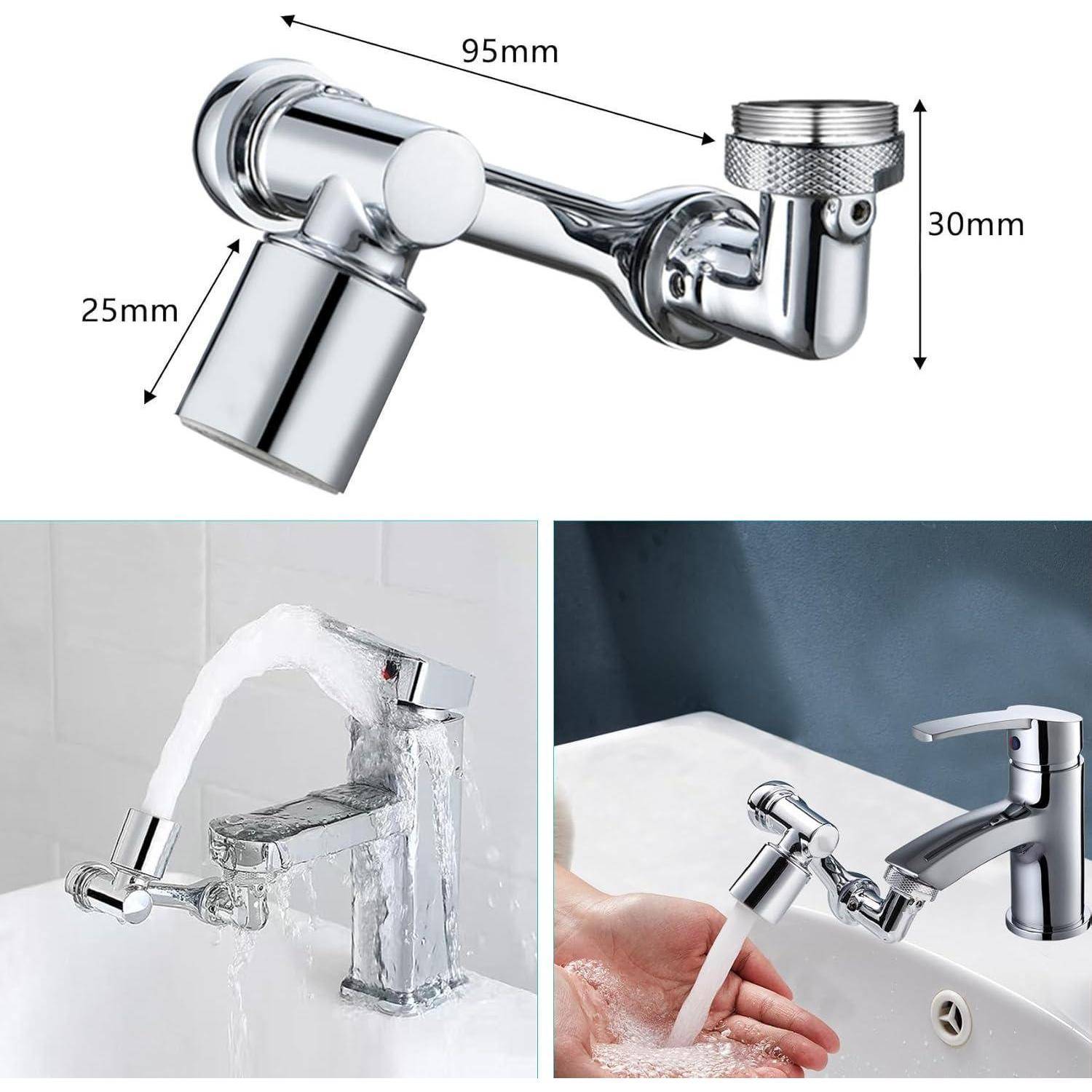 Chrom-Wasserhahn-Belüfter mit Kugelgelenk, dargestellt mit Abmessungen und auf einem Wasserhahn installiert, um einen flexiblen Wasserstrom zu erzeugen.