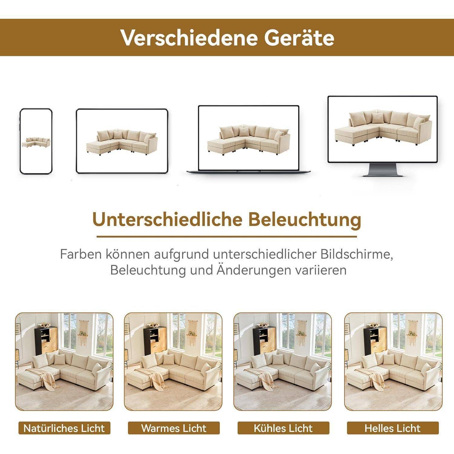 Vergleichsgrafik, die dasselbe beige Ecksofa auf verschiedenen Geräten und unter unterschiedlichen Lichtverhältnissen zeigt: natürliches, warmes, kühles und helles Licht.
