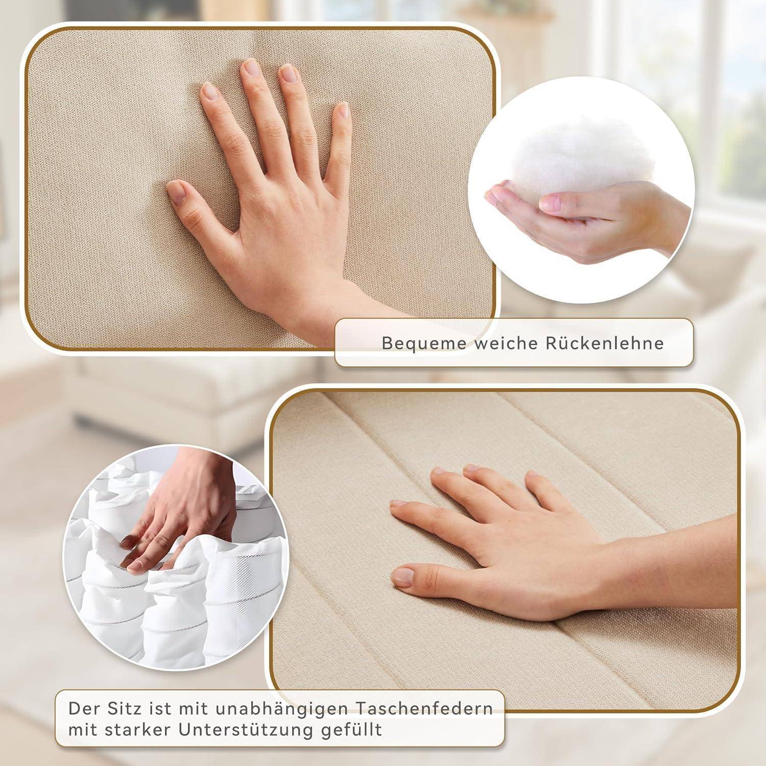Promotionelle Collage, die einen beigefarbenen gepolsterten Sitz und eine Rückenlehne zeigt, auf die eine Hand drückt, wobei der weiche Kissen einsinkt; eingefügte Nahaufnahmen heben den Komfort hervor. Der Text besagt „Bequeme weiche Rückenlehne