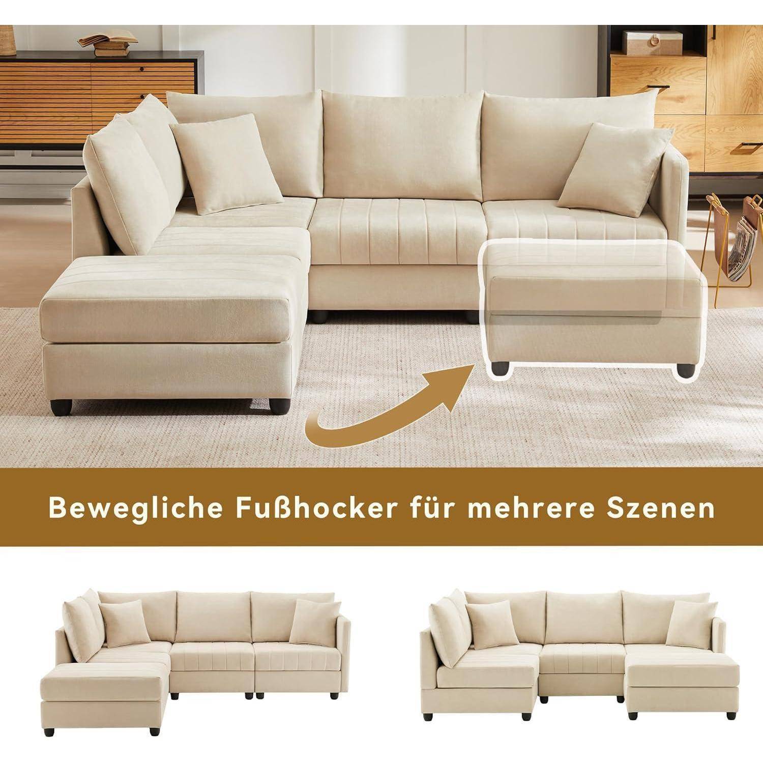 Beiges Ecksofa mit beweglichem Hocker, mit Pfeil gekennzeichnet, das umpositioniert werden kann; untere Beispiele zeigen mehrere Sitzkonfigurationen.