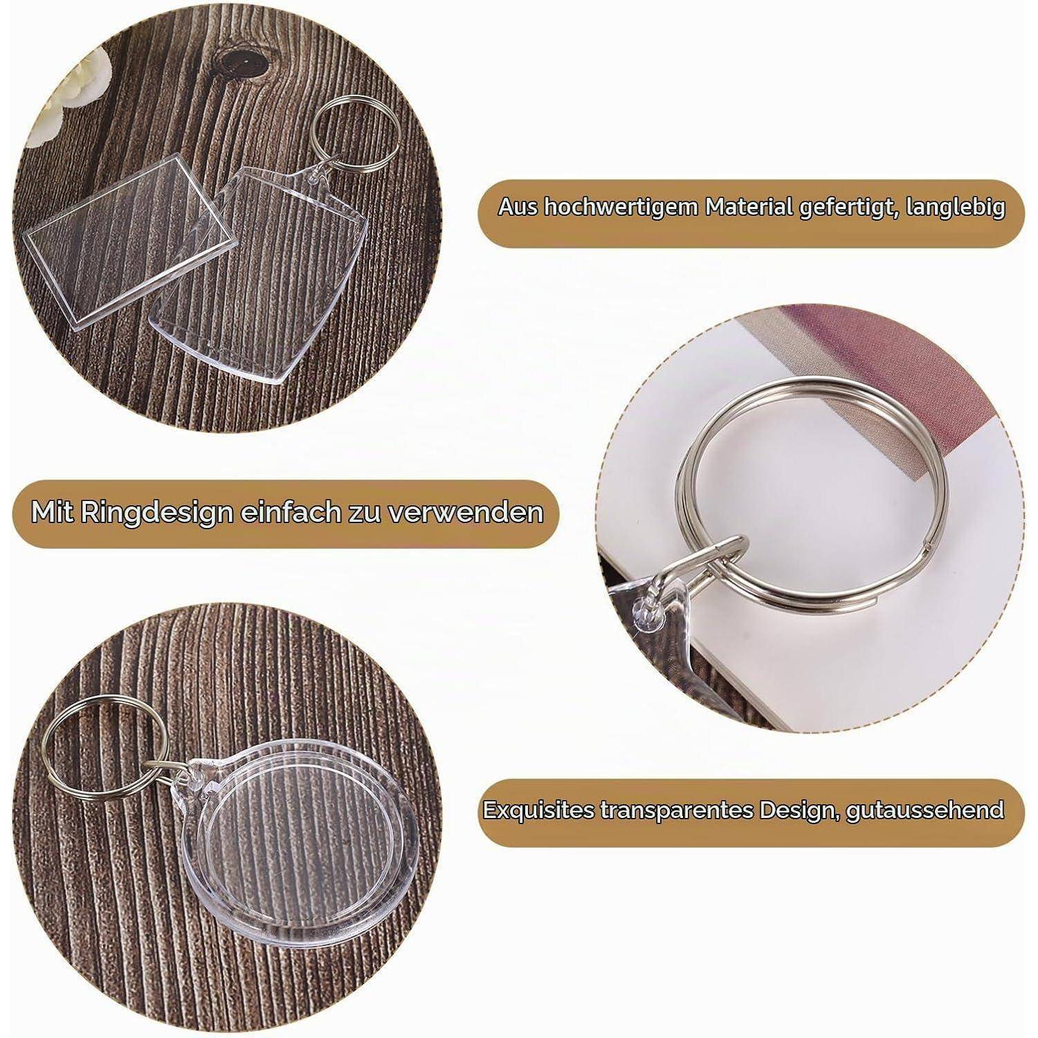 Collage aus einem klaren Acryl-Schlüsselanhänger mit Metallring, der transparente rechteckige und runde Stile zeigt, sowie deutsche Beschriftungen über langlebiges Material und einfache Ringbenutzung.