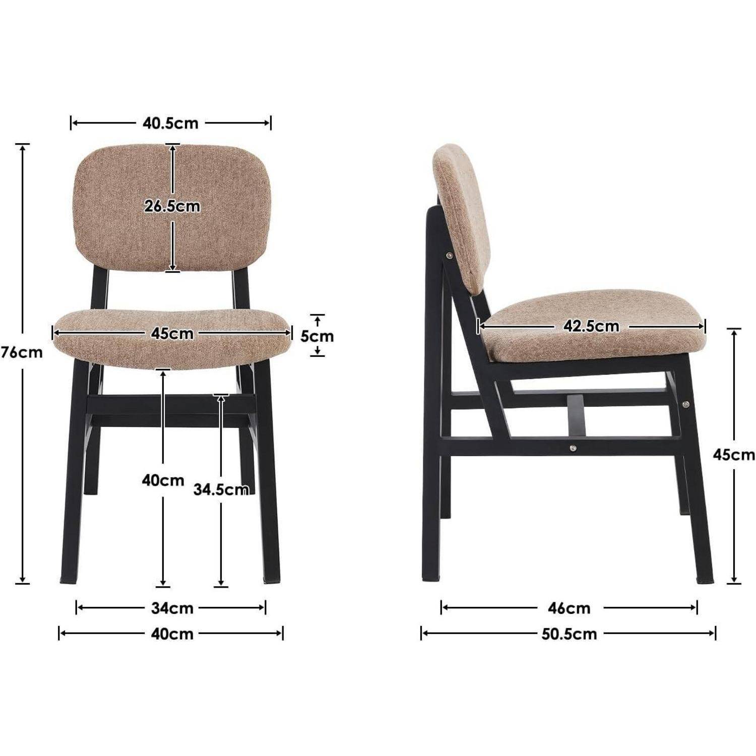 Dimensionierte Vorder- und Seitenansichten eines beige gepolsterten Stuhls mit schwarzen Beinen, zeigt Gesamtgröße sowie Sitz- und Rückenlehnen-Abmessungen in Zentimetern.