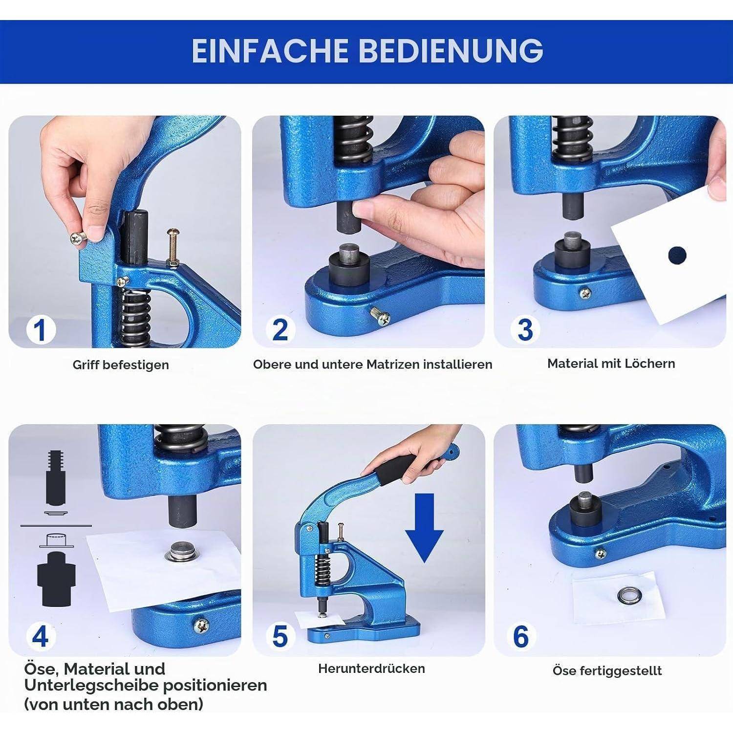 FreeTec Handpresse Ösenmaschine Ösenzangen, Ösenpresse Nietenpresse Set mit 3 Matrizen (6/10/12mm) und 1500 Ösen, Ösenstanze Ösenwerkzeug für P