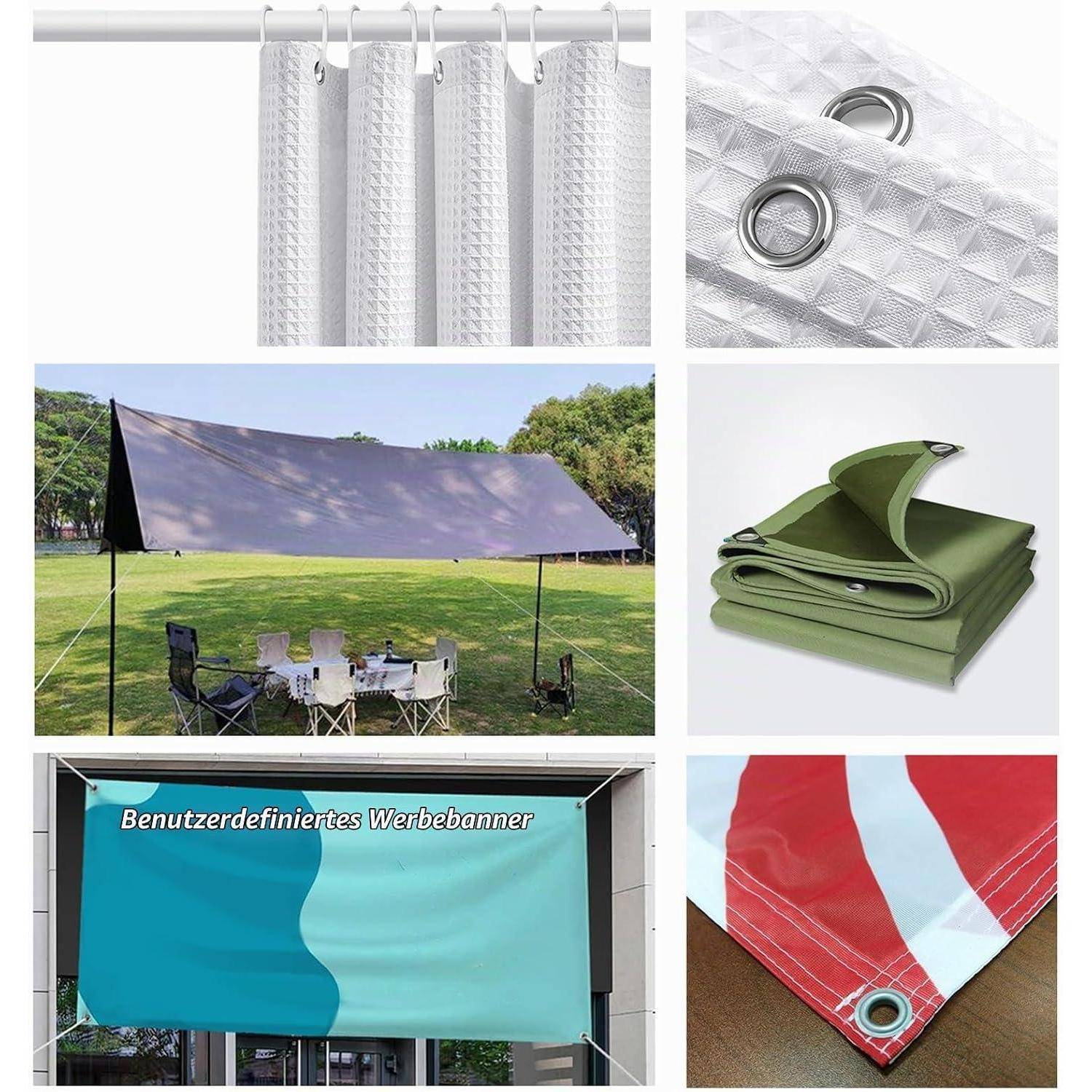 Collage aus wasserdichten Planenstoff und Bannermaterialien: weißer Vorhangstoff mit Ösen, eine grüne gefaltete Plane, ein großes Schattendach und Beispiele für maßgeschneiderte bedruckte Banner.