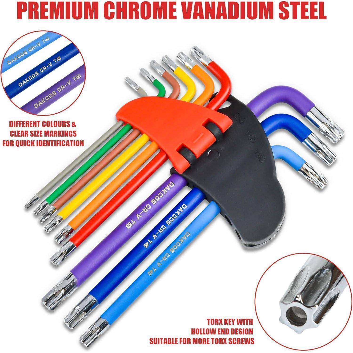 DAKCOS Torx Schlüssel Set T10-T50, 9-tlg Torx Winkelschlüssel Satz mit Stirnlochbohrung, CR-V, für Innen-TORX-Schrauben, in Kunststoffclip