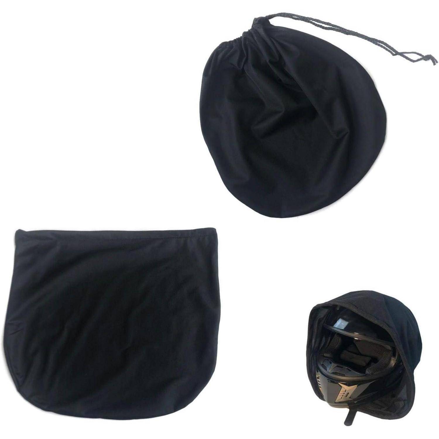 Schwarzer Kordelzug-Aufbewahrungsbeutel geschlossen gezeigt, flach und teilweise offen mit einem Helm darin.