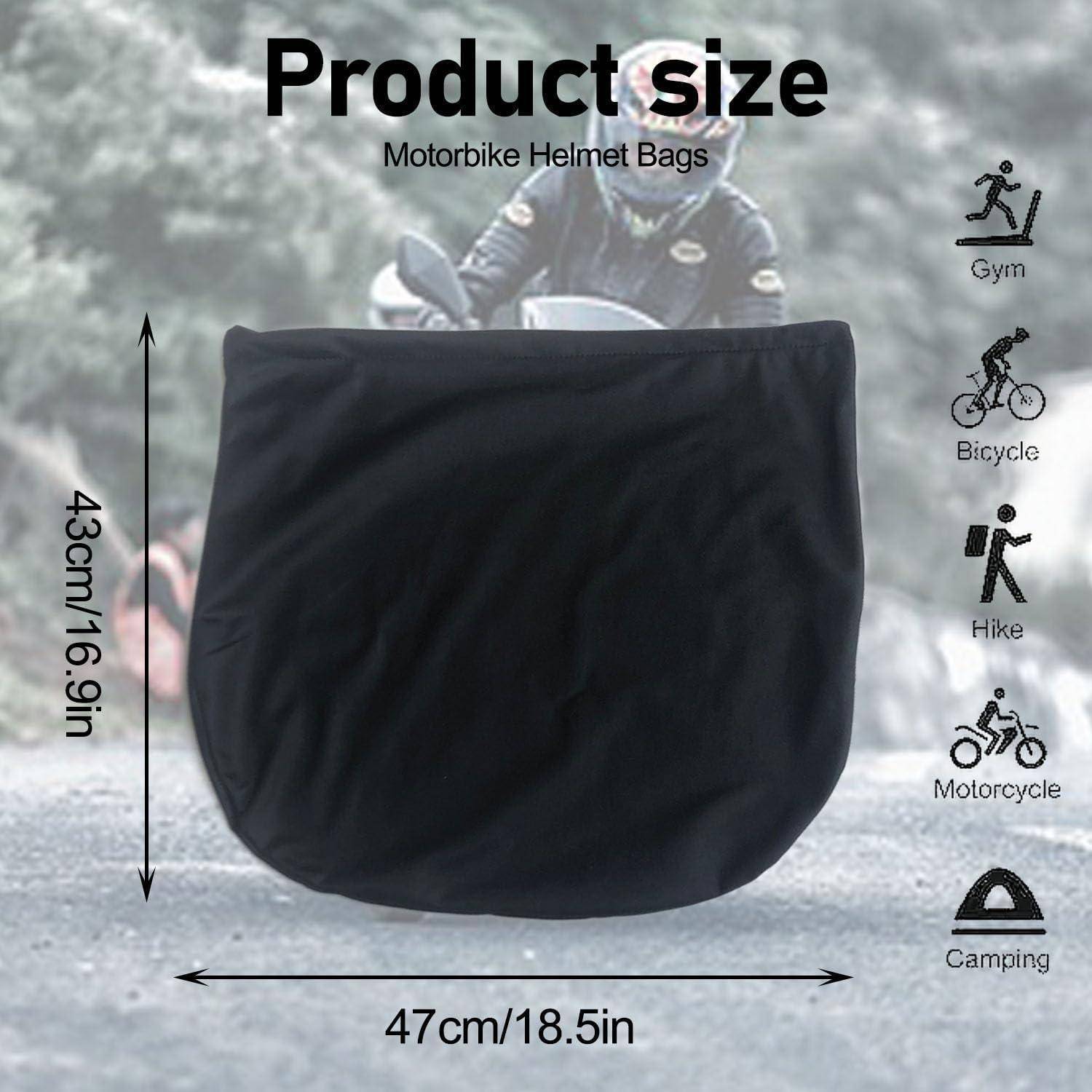 Produktgrößengrafik für Motorradhelm-Tasche mit den Maßen 43 cm/16,9 Zoll Höhe und 47 cm/18,5 Zoll Breite, mit Symbolen für Fitness, Fahrrad, Wandern, Motorrad und Camping-Nutzung.