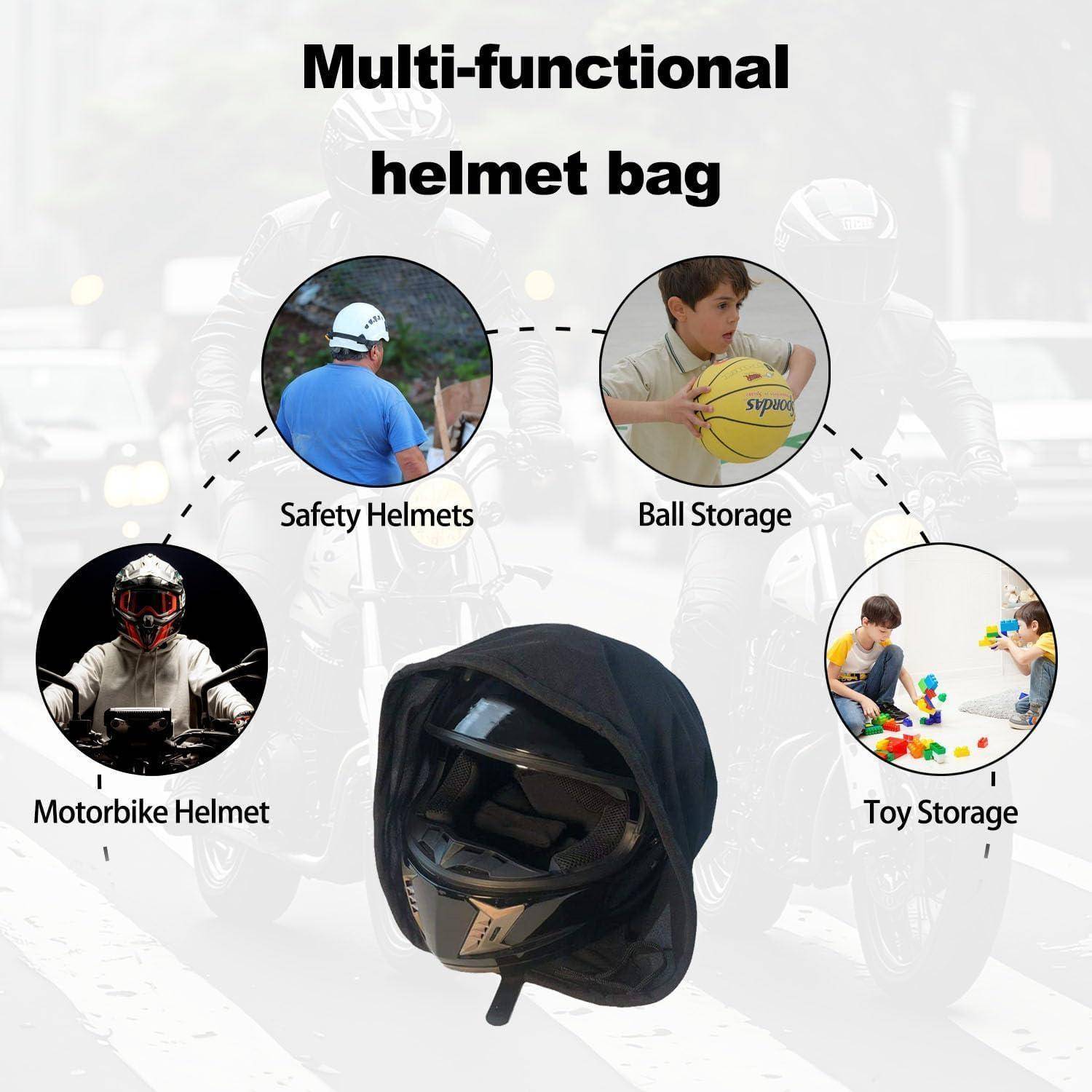 Infografik einer „multifunktionalen Helmtasche" mit einer Helmtasche, die Motorradhelmе, Schutzhelme, einen Ball oder Spielzeug lagern kann.