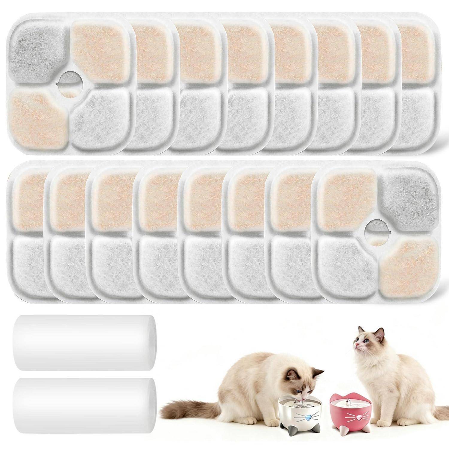 Zwei Reihen von Klebewraps im Pastellkatzenmotiv mit Aussparungslöchern, gezeigt mit zwei leeren weißen Rollen und zwei Katzen, die dekorierte Schüsseln verwenden, was auf Haustier-Accessoire-Aufkleber oder Wickel hindeutet.