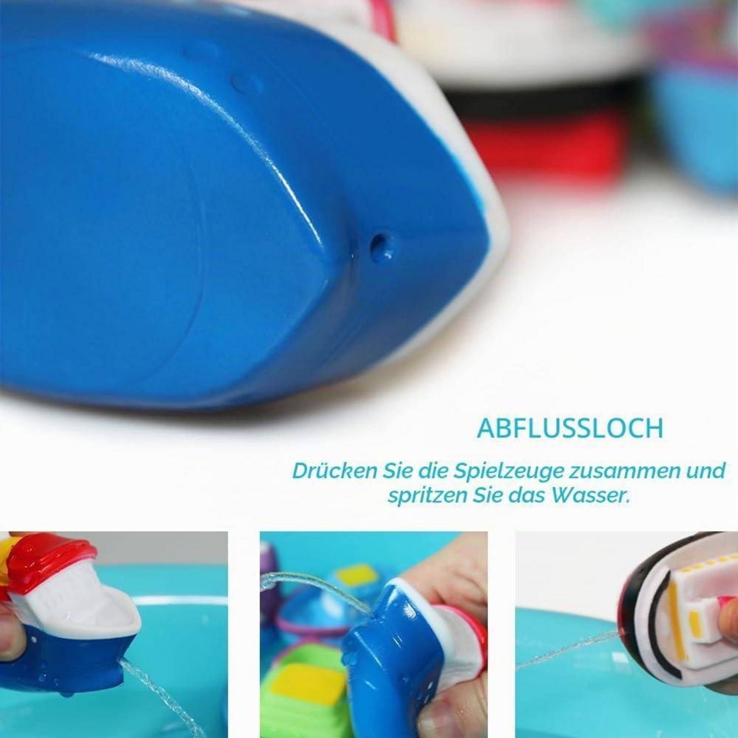 Nahaufnahme eines blau-weißen Spielzeugs, das Wasser spritzt, mit deutscher Anleitung zum Zusammendrücken des Spielzeugs, um Wasser zu sprühen.