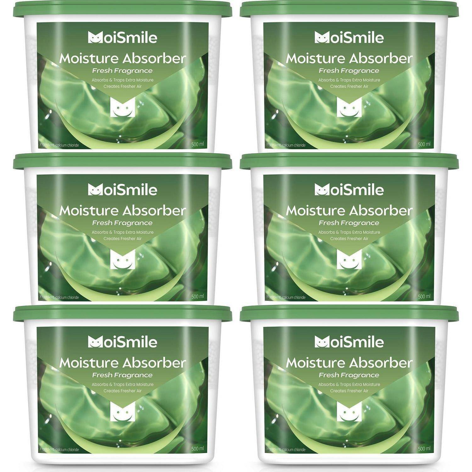 Sechs grün deckelter MoiSmile Feuchtigkeitsabsorber Fresh Fragrance Behälter in einer 3-mal-2 Anordnung auf weißem Hintergrund.