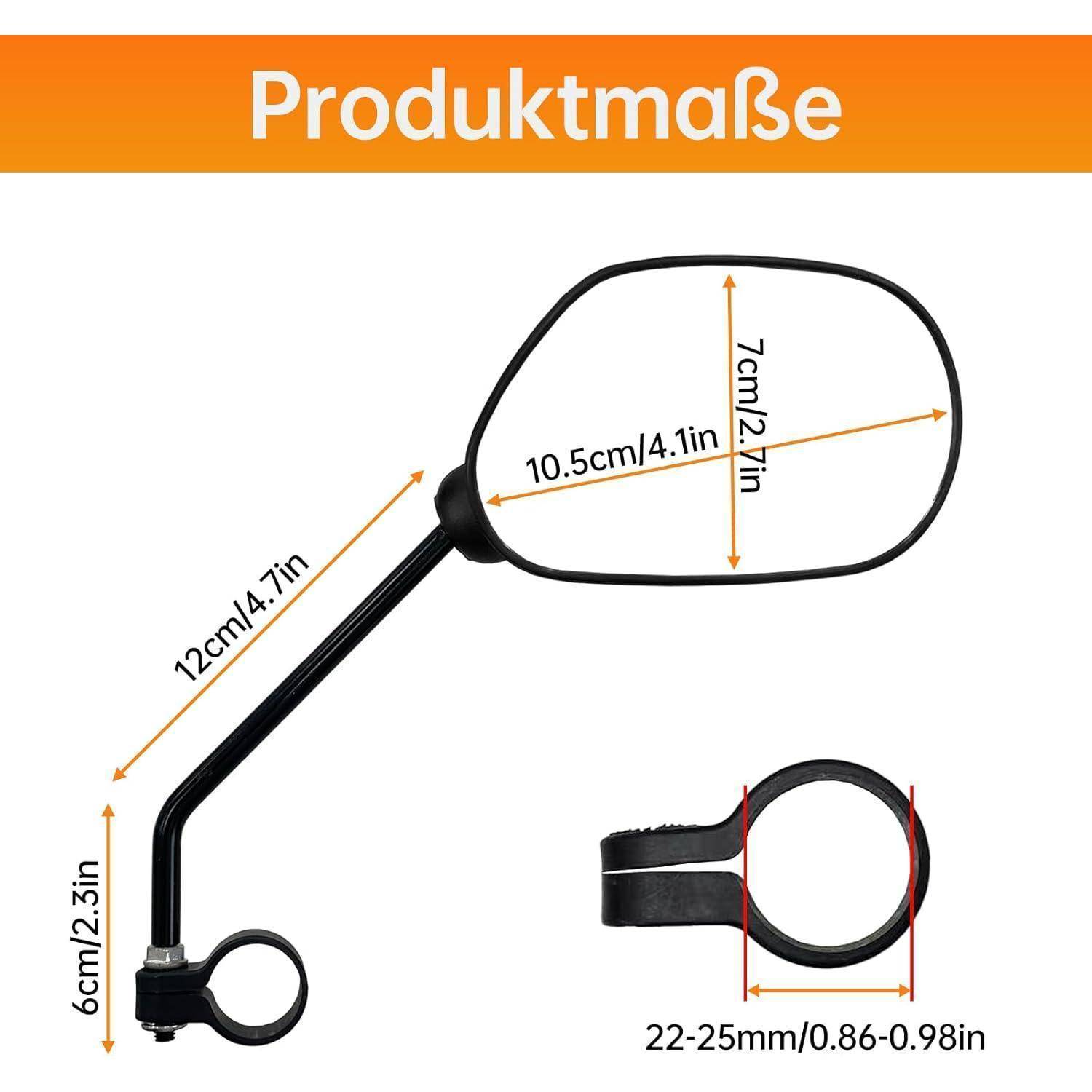 Produktgrößendiagramm eines Motorradspiegels mit Abmessungen: Spiegel 10,5 cm x 7 cm, Stiel 12 cm, unterer Bereich 6 cm, Klemme passt auf 22-25 mm Lenker.