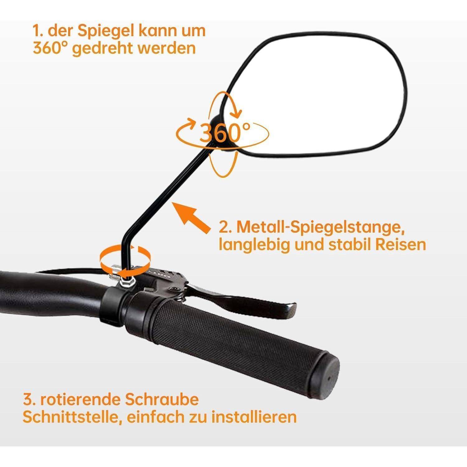 Motorrad-Lenkerrspiegel mit deutschen Beschriftungen, die 360°-Rotation, robustes Metallgestänge und einfach zu installierendes drehendes Schraubgelenk hervorheben.