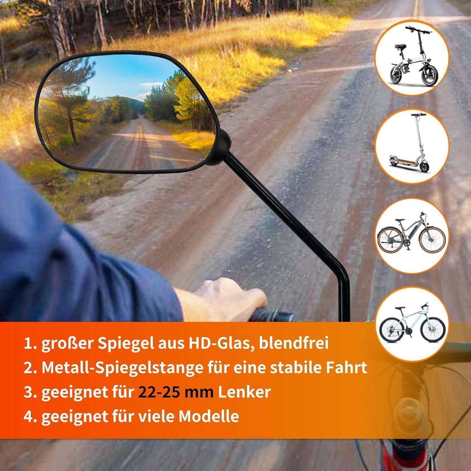 E-Bike-Lenkersp﻿iegel zeigt eine breite Rückansicht auf einer Landstraße, mit Symbolen, die die Kompatibilität für Fahrräder und Roller anzeigen, und deutscher Funktionstext.
