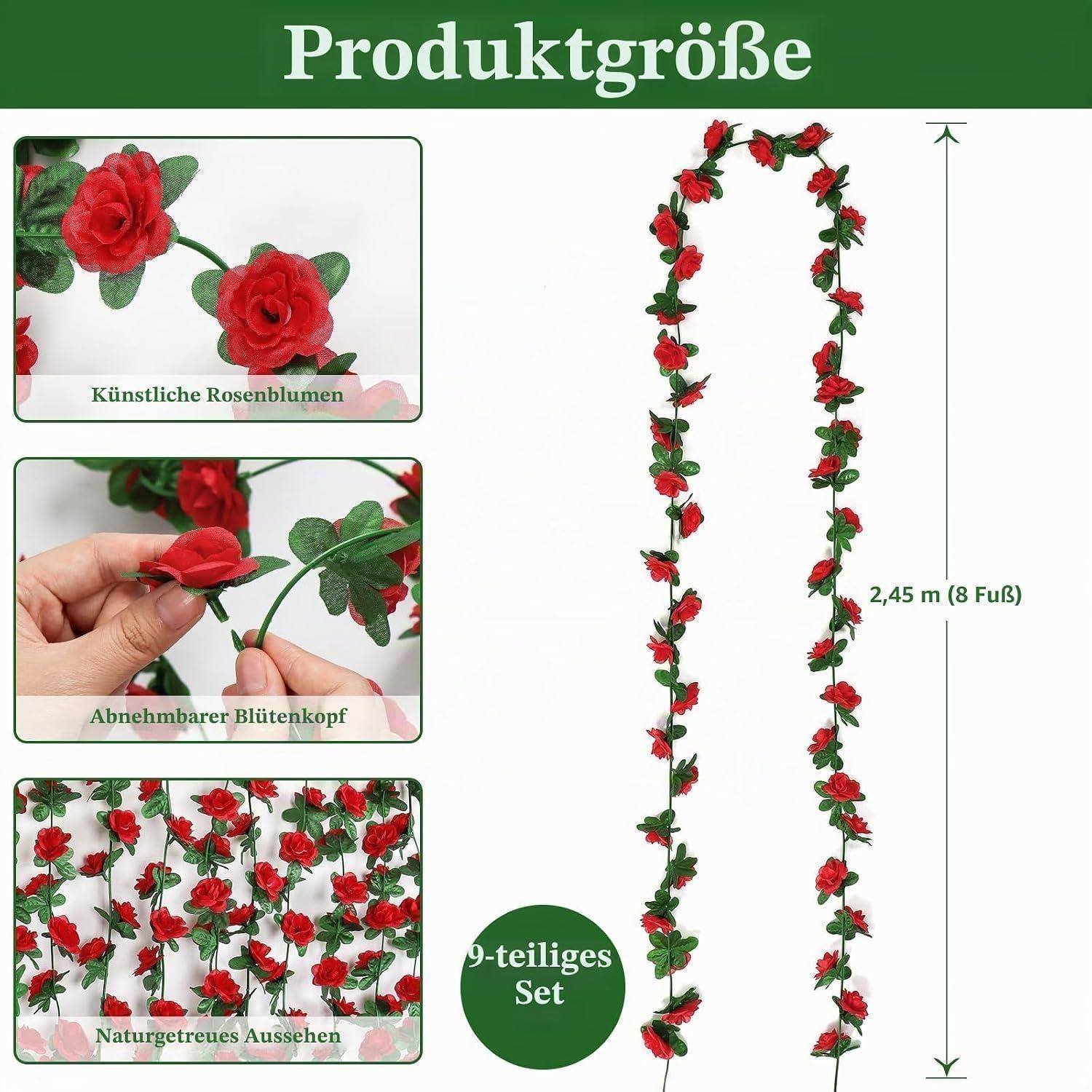 Deutsches Produktgrafik-Set mit künstlicher roter Rosengirlande; abnehmbare Blütenköpfe, realistisches Aussehen und Gesamtlänge 2,45 m (8 Fuß), 9-teiliges Set.