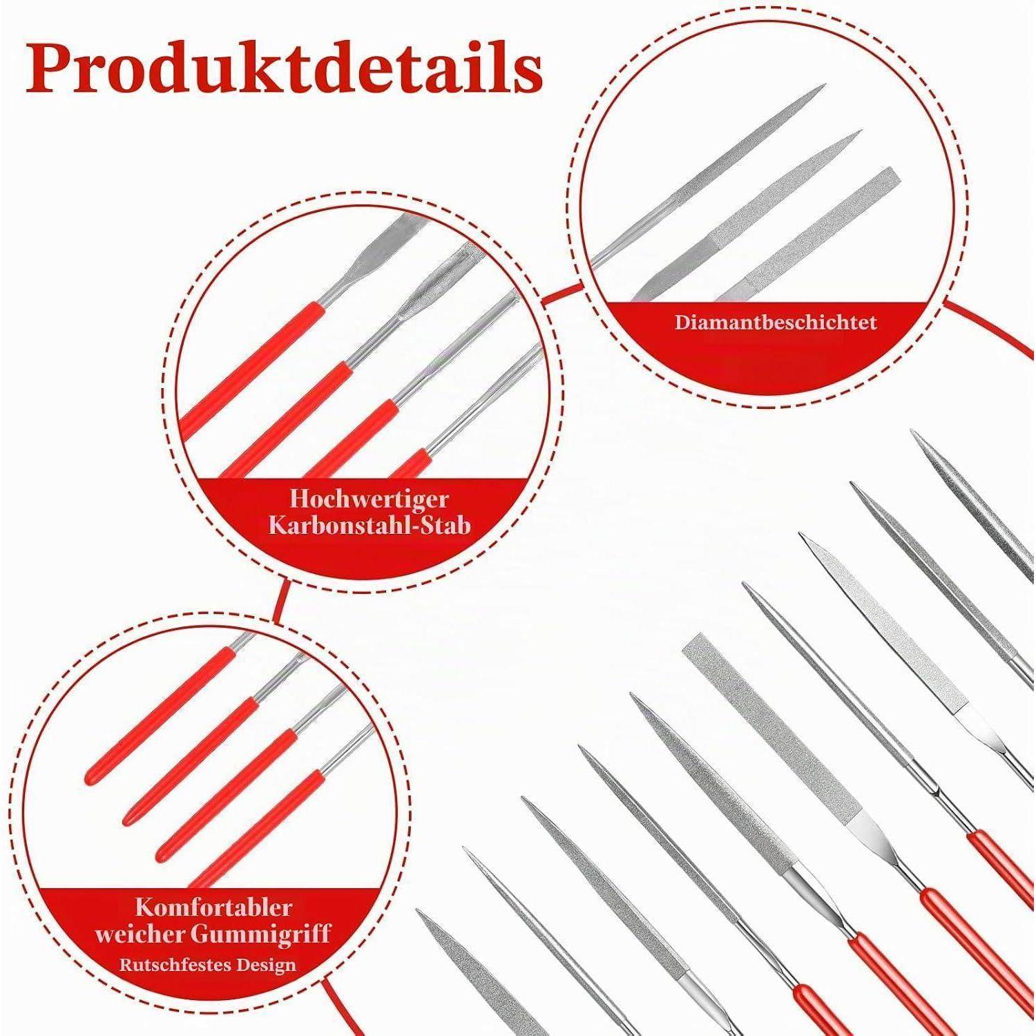 Produkt-Details-Infografik mit Metallschnitzwerkzeugen mit roten Griffen, wobei Kohlenstoffstahlschäfte, Diamantbeschichtung und komfortable rutschfeste Gummigriffe hervorgehoben werden.