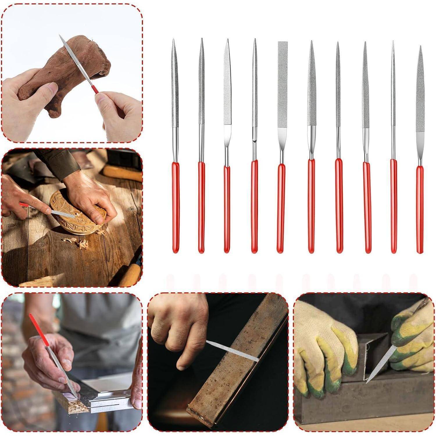 Satz von Handfeilen mit roten Griffen in verschiedenen Formen und Größen, gezeigt mit Nahaufnahmen der Verwendung zum Formen, Glätten und Schärfen von Materialien.