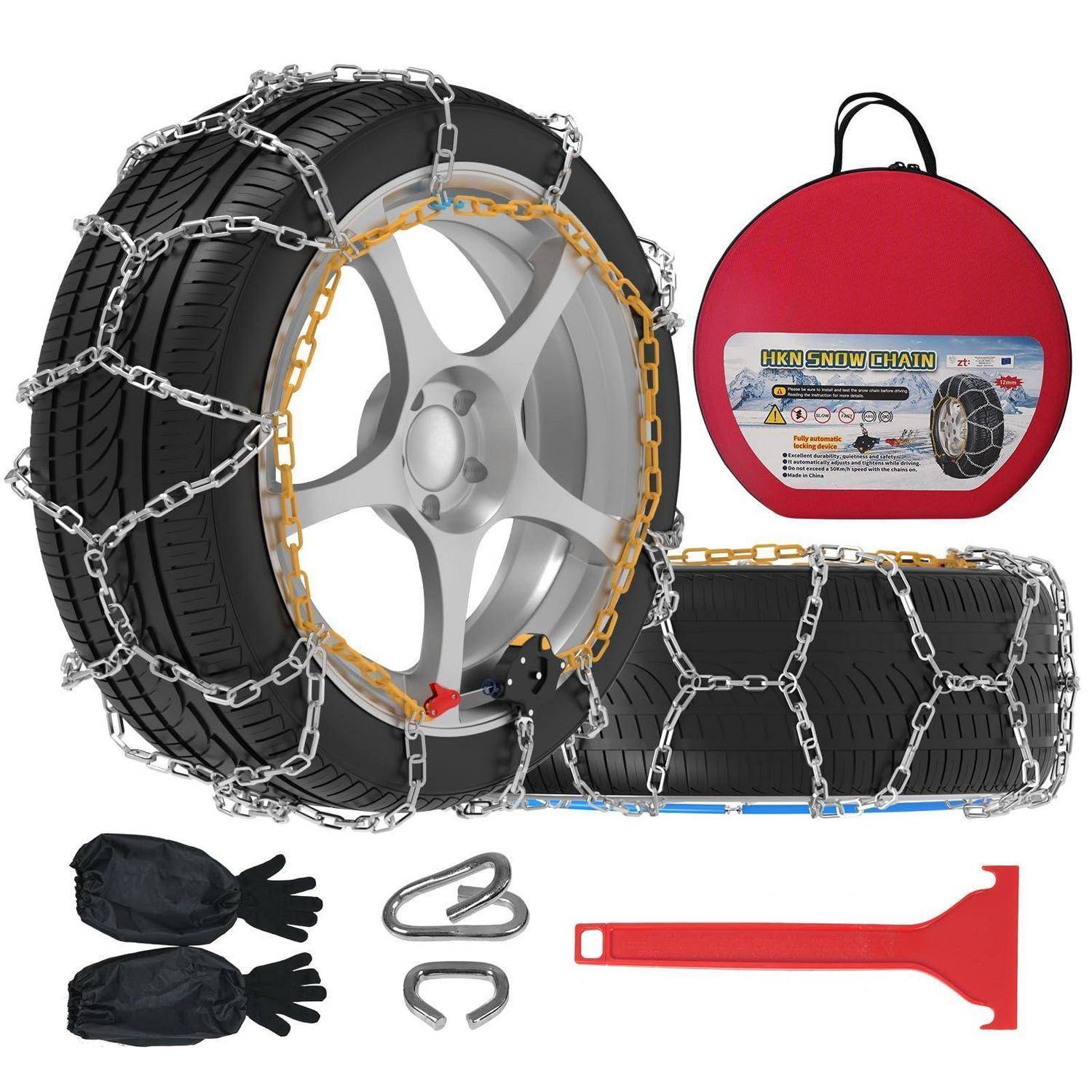 Schneeketten für Autoreifen, gezeigt auf einem Reifen, mit Tragetasche, Handschuhen, Metallhaken und rotem Installationswerkzeug.