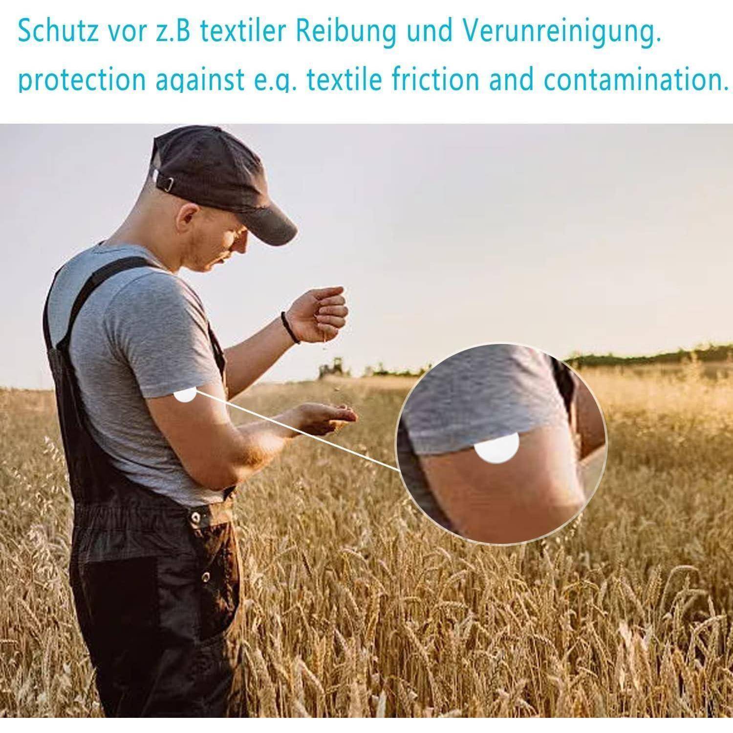Mann untersucht seinen Unterarm in einem Weizenfeld; eingefügte Nahaufnahme zeigt Schutzkleidung, die Textilreibung und Kontamination verhindert.