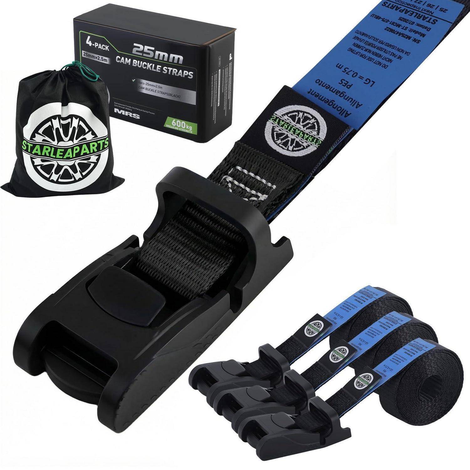Produktfoto eines 4er-Packsets von 25mm Ratschenkompressionsriemen, gezeigt mit schwarzen Schnallen, aufgerollten Riemen und einer Aufbewahrungstasche.