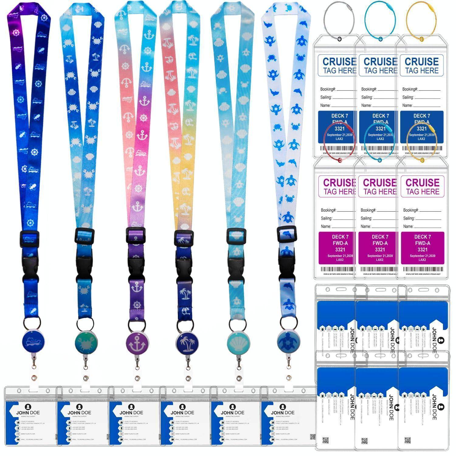 Kreuzfahrt-Lanyards und passende Tag-Halter in blau, rosa, lila, gelb und weißen Mustern, gezeigt mit Kreuzfahrt-Tag-Einsätzen und Ausweiskarten.