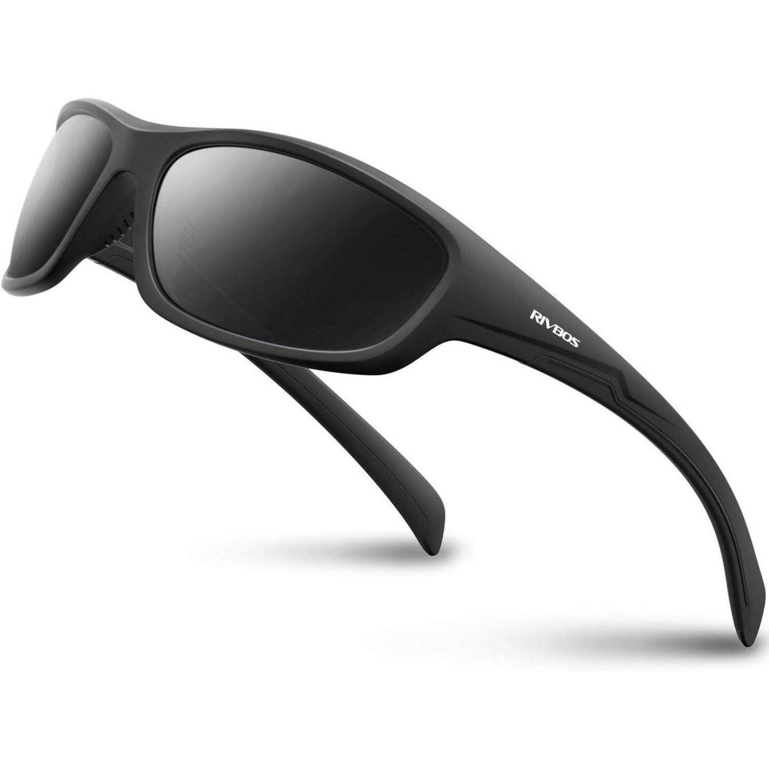 Schwarze Wraparound-Sonnenbrille mit dunklen Gläsern und 