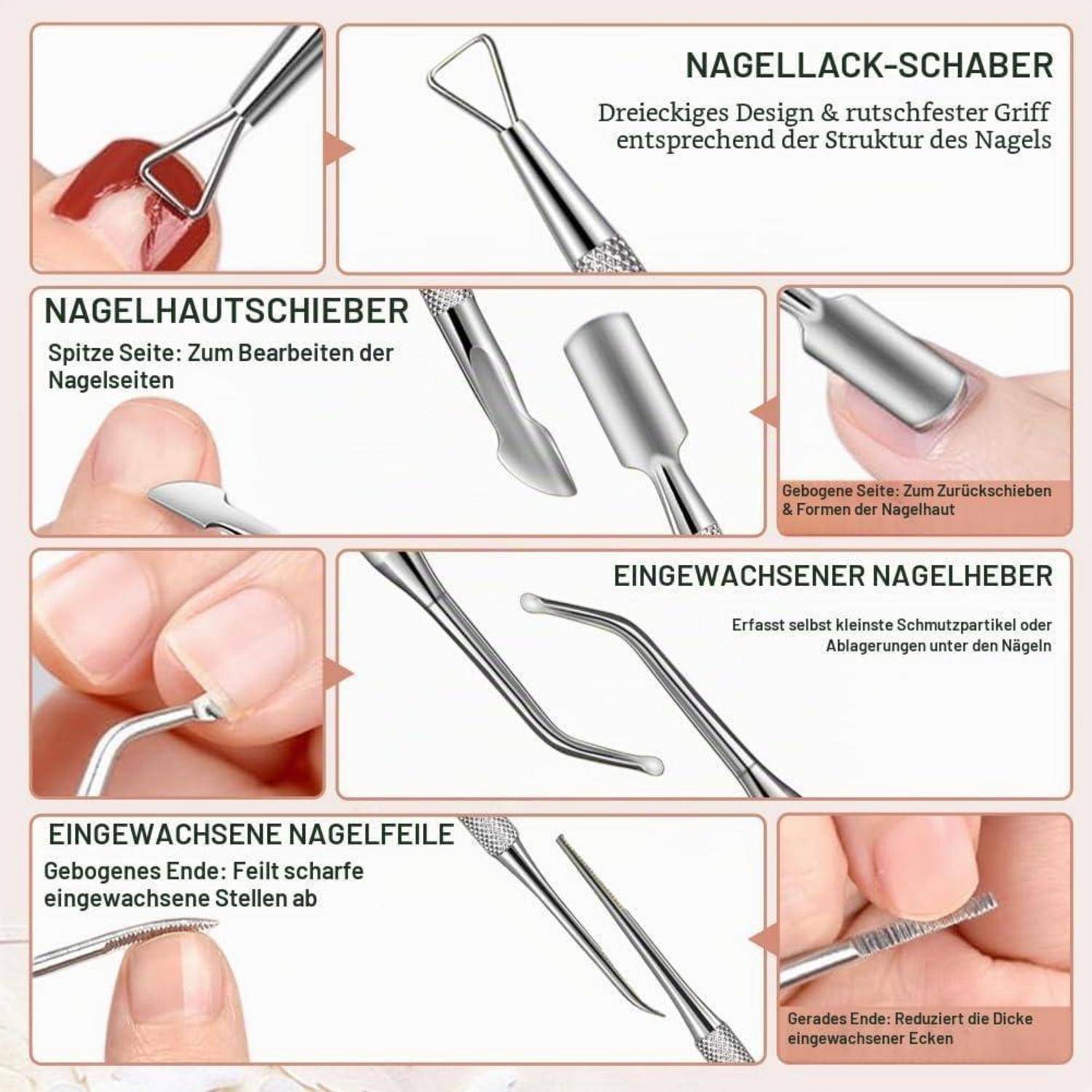 Collage von Maniküre-Werkzeugen mit deutschen Beschriftungen, die einen Nagellack-Entferner, einen Nagelschaber, einen Eingewachsenennagel-Heber und eine Eingewachsenennagel-Feile mit Nahaufnahmen von Verwendungen und Eigenschaften zeigt.