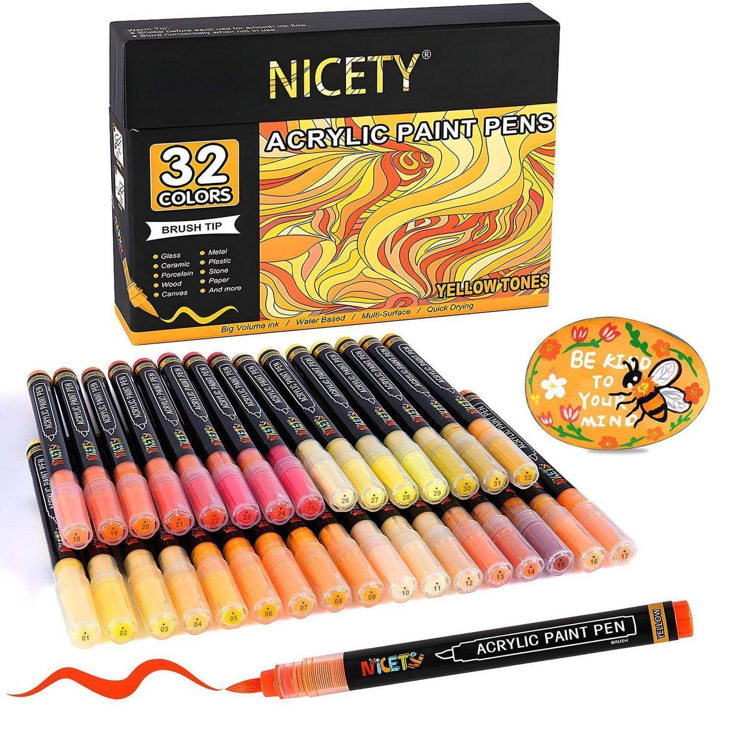 Schachtel mit NICETY 32er-Set Acrylmalstiften mit Pinselspitzen, angeordnet mit vielen farbigen Stiften und einem Mustermuster in Orange.