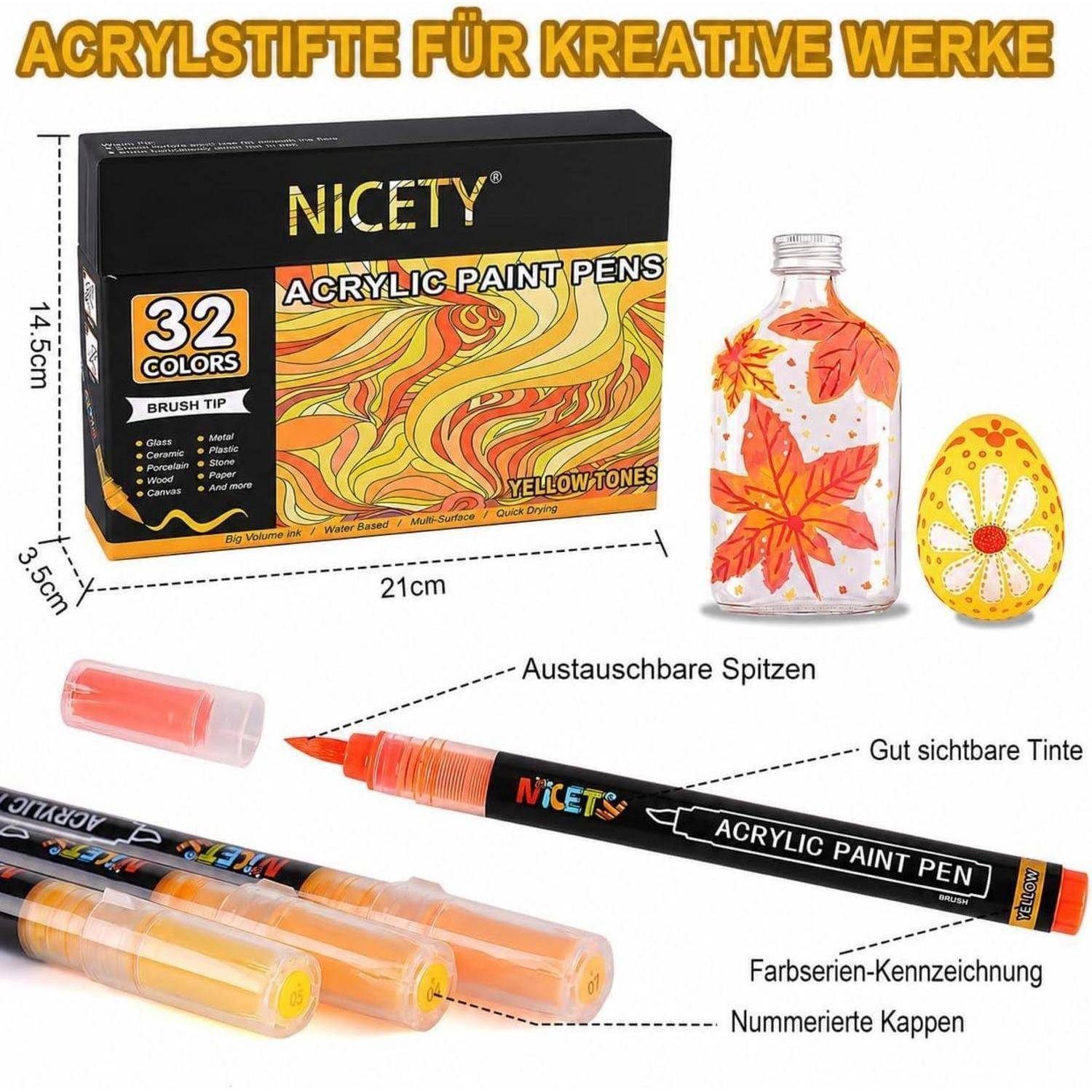 NICETY 32 Acrylstifte für Steine Wasserfest - Pinselspitze Acrylmarker für Holz, Stoff, Leinwand, Glas, 1-6mm Multimarker acrylic Marker pens Set (G