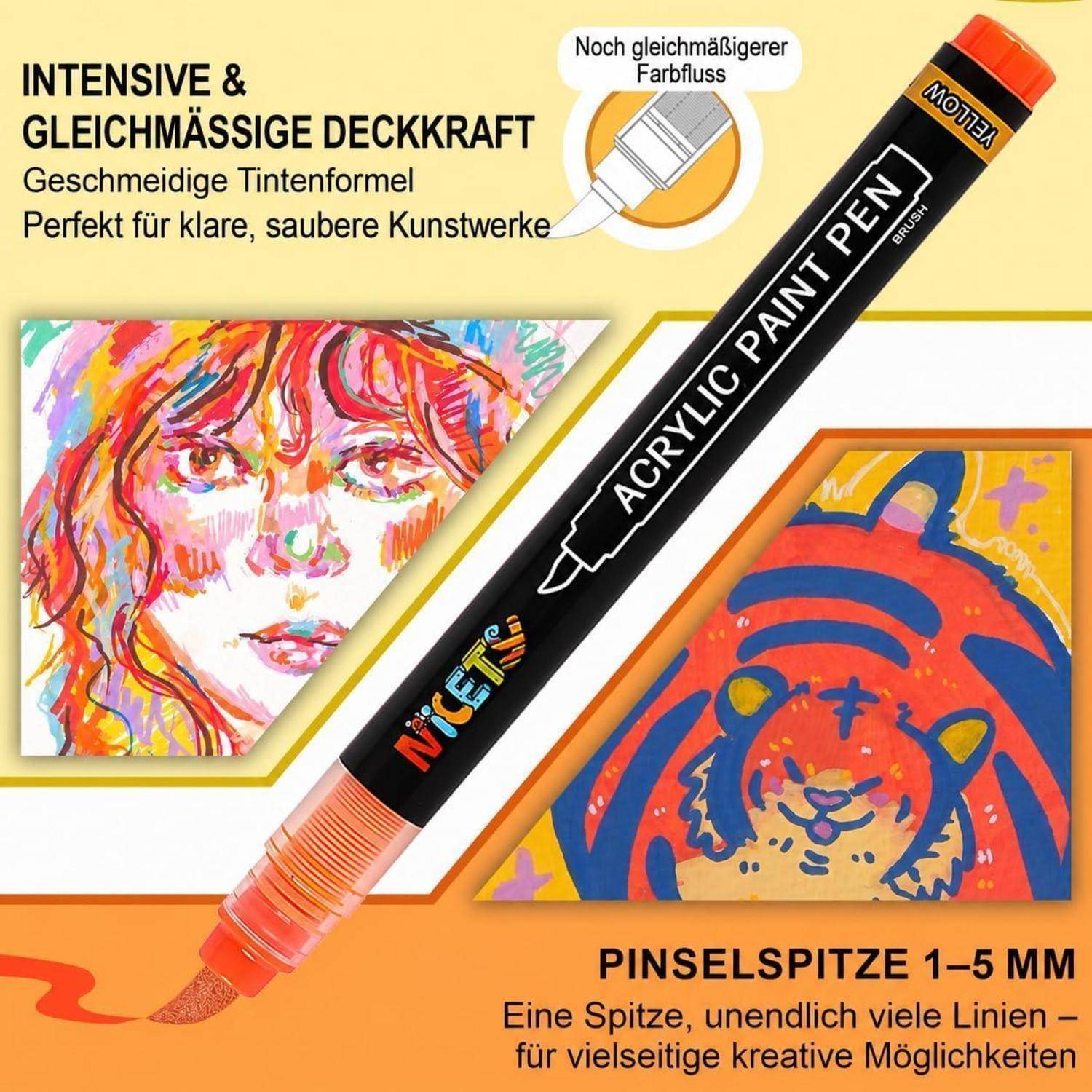 NICETY 32 Acrylstifte für Steine Wasserfest - Pinselspitze Acrylmarker für Holz, Stoff, Leinwand, Glas, 1-6mm Multimarker acrylic Marker pens Set (G
