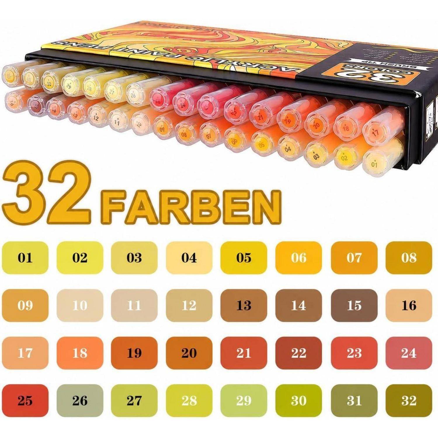 Bild eines 32er-Markerset mit der Aufschrift "32 FARBEN"", das die Stifte in einer Anzeigeebox und eine nummerierte Farbkarte von 01 bis 32 zeigt.