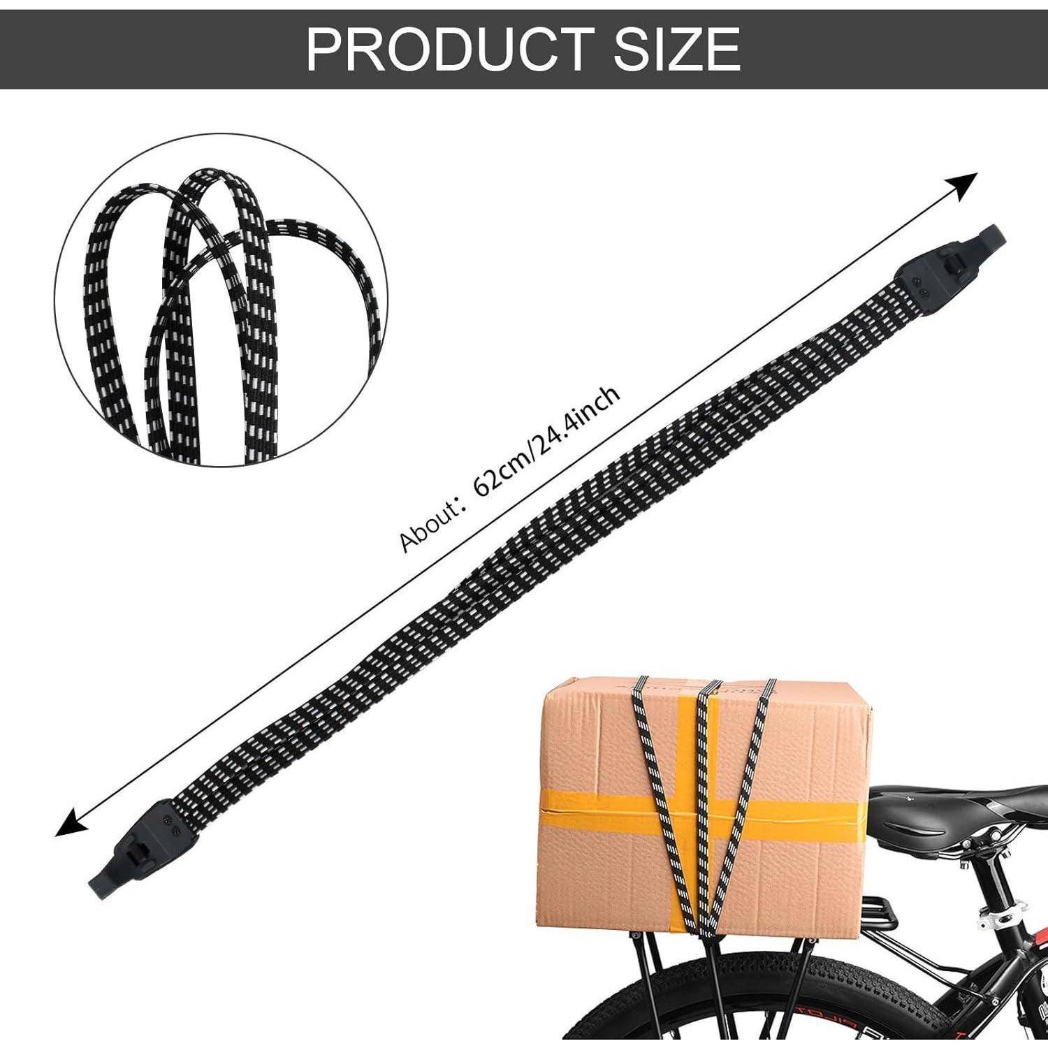 Größendiagramm für einen geflochtenen Ladesicherungsgurt, etwa 62 cm/24,4 Zoll lang, gezeigt beim Sichern einer Schachtel auf einem Fahrradträger.