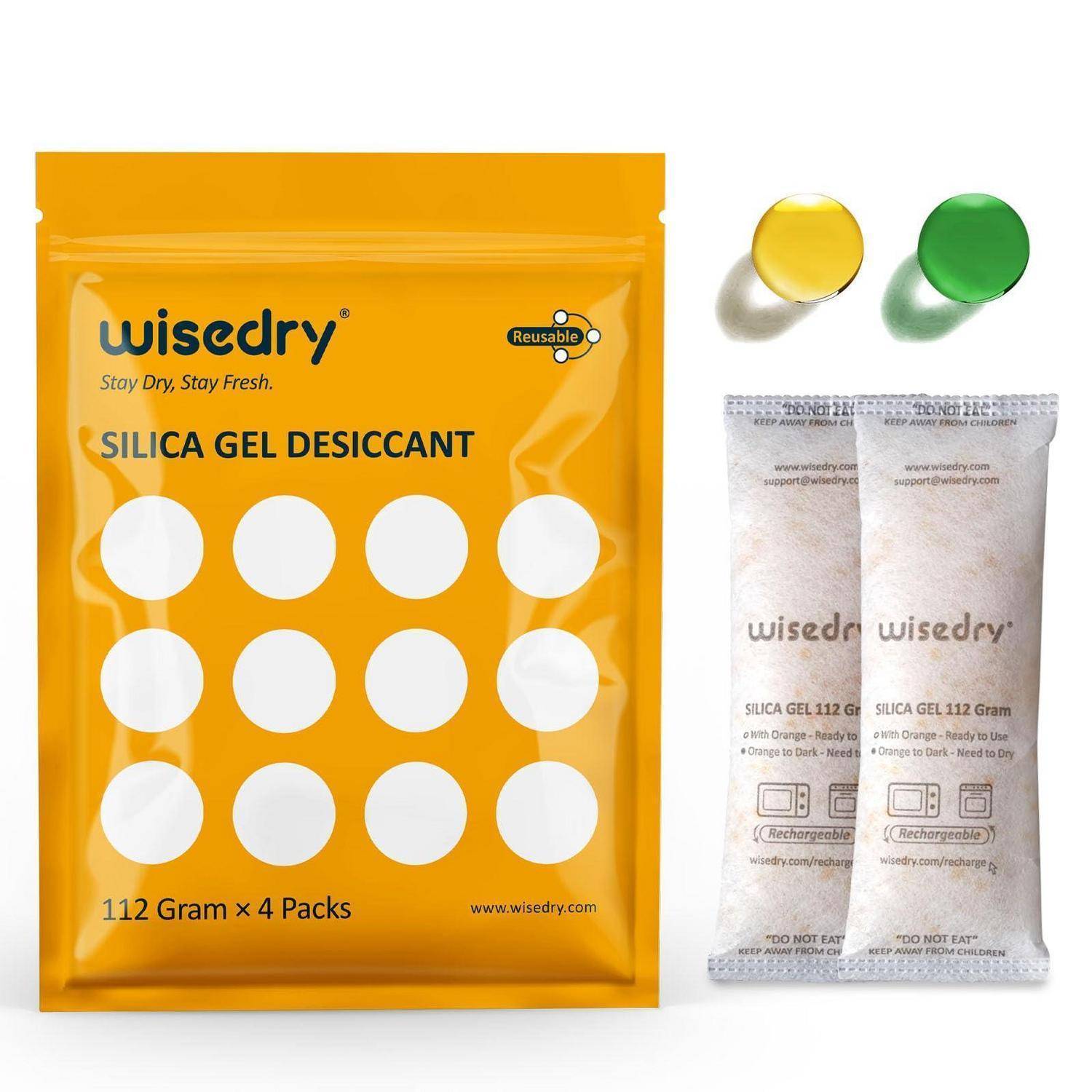 Paket mit Wisedry-Silicagel-Trockenmittel, 112 Gramm x 4 Packungen, gezeigt mit zwei kleinen Säckchen und gelben und grünen Indikatorperlen.