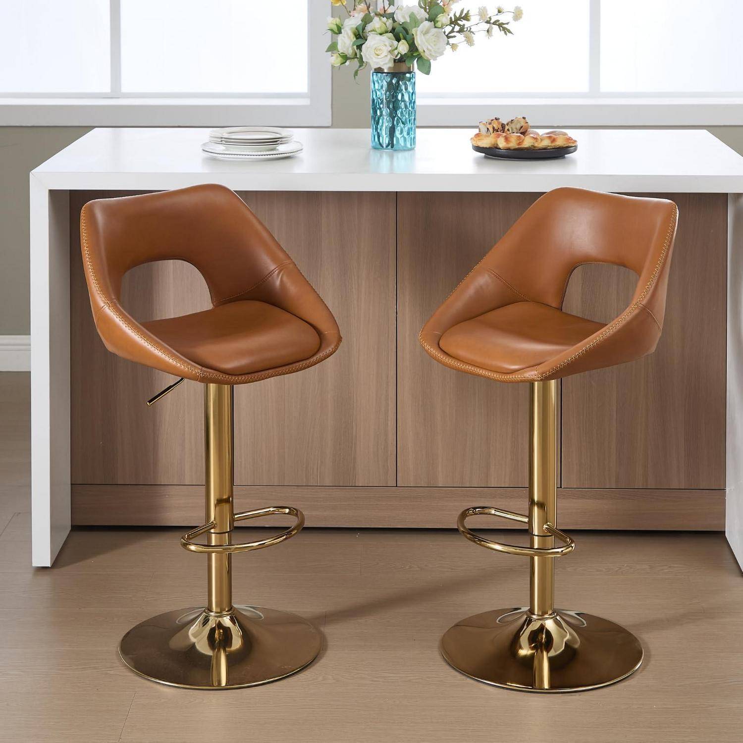 360°Drehbar Barhocker 2er Set, Barstuhl Hochstuhl PU Kunstleder Höhenverstellbar mit Rückenlehne, Moderner Bar Stool für Esszimmer Küche Bistro T