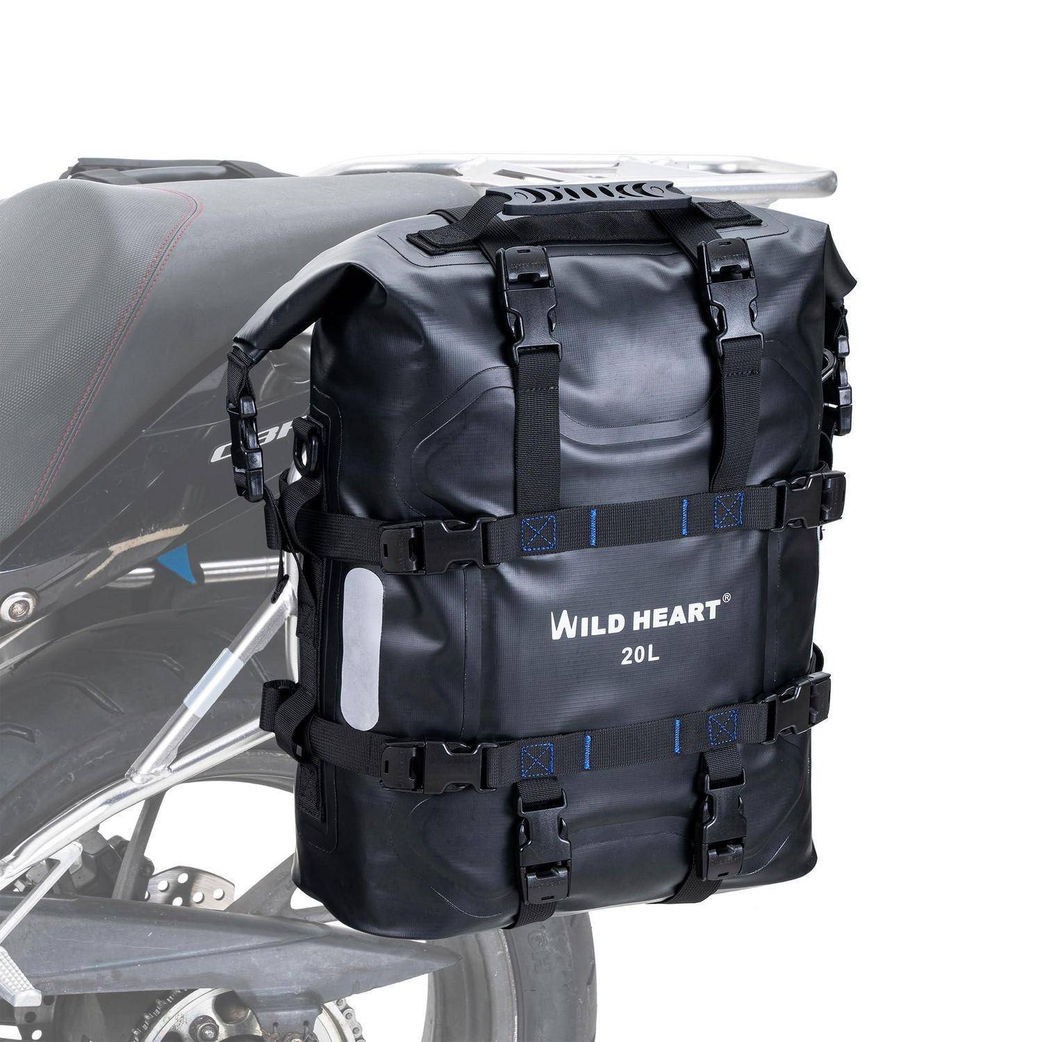 Schwarze wasserdichte Motorrad-Hecktasche, die am Rücksitz befestigt ist und mit „WILD HEART 20L