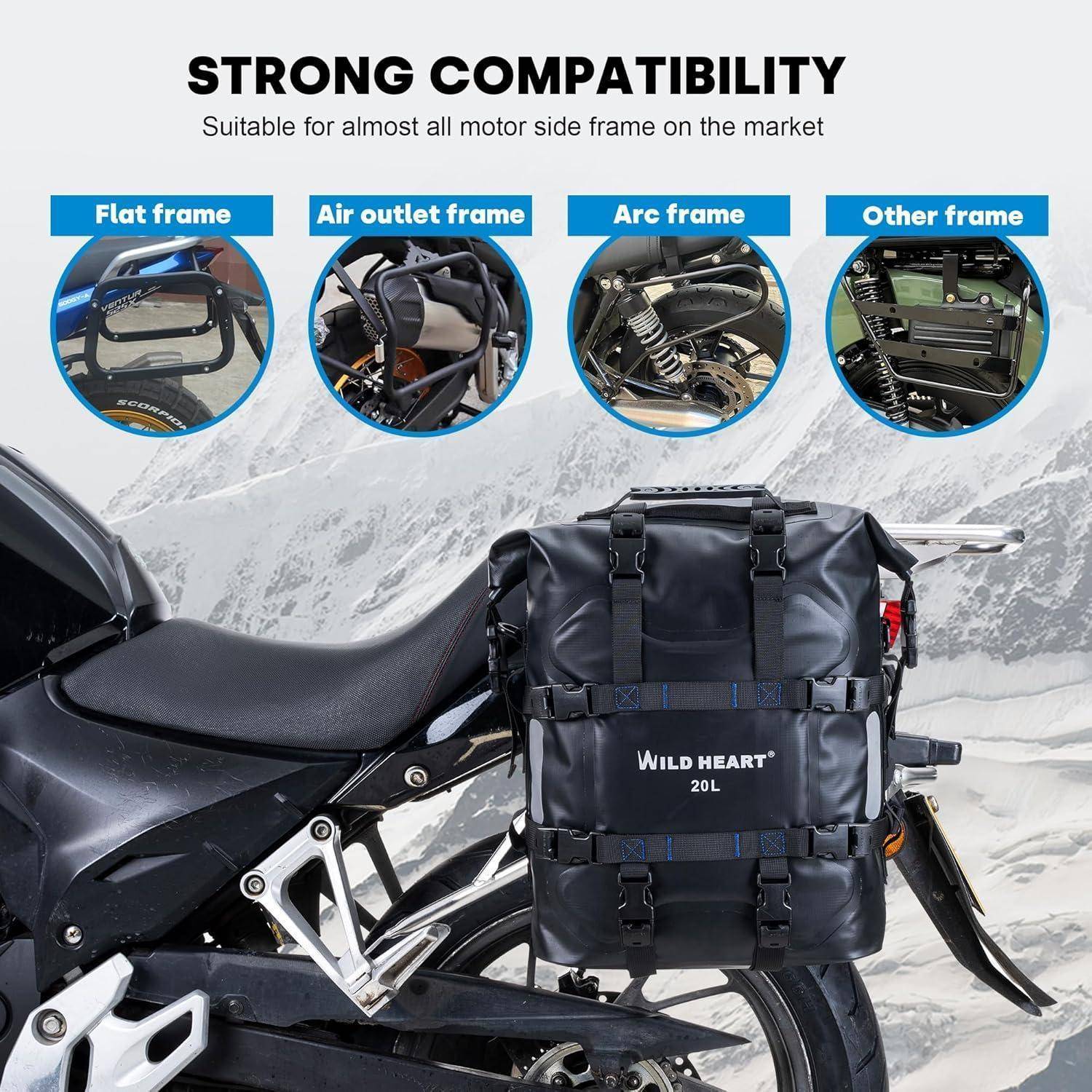 Seitentasche für Motorräder, montiert auf einem Motorrad, dargestellt als stark kompatibel mit flachen, Luftauslass-, Bogen- und anderen Rahmentypen; gekennzeichnet mit Wild Heart 20L.