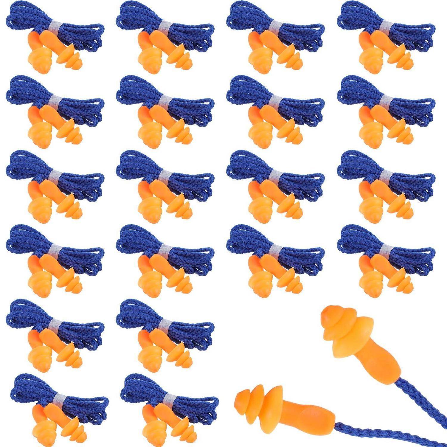 Viele blau-orange Schaumstoff-Ohrstöpsel in einem Raster angeordnet, mit zwei größeren Ohrstöpseln unten rechts dargestellt.