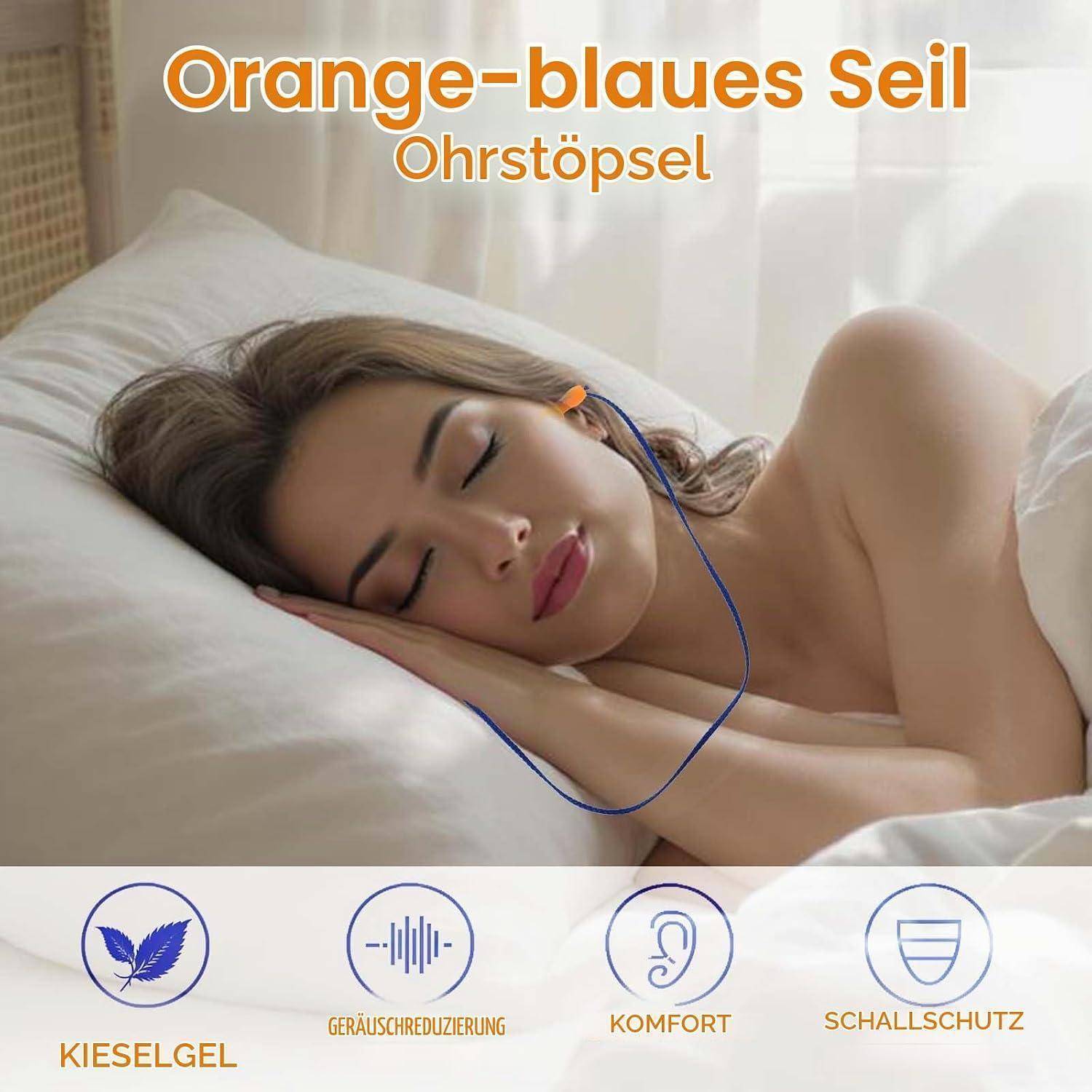 Produktbild von orange-blauen Ohrstöpseln mit Schnur, dargestellt neben einer schlafenden Frau und auf Deutsch gekennzeichnet mit Merkmalen: 'Kieselgel', 'Geräuschreduzierung', 'Komfort', 'Schallschutz'.