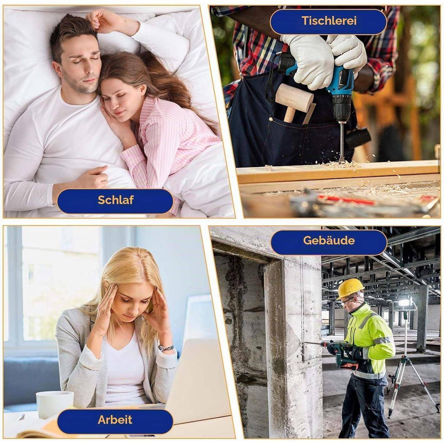 Vier gekennzeichnete Fotos zeigen Schlaf, Schreinerei, Arbeit und Gebäudebau/Inspektion.